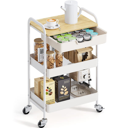 KINGRACK Rolling cart, 3-Tier Utility Storage Trolley with Wooden Board and Drawer (Natural)