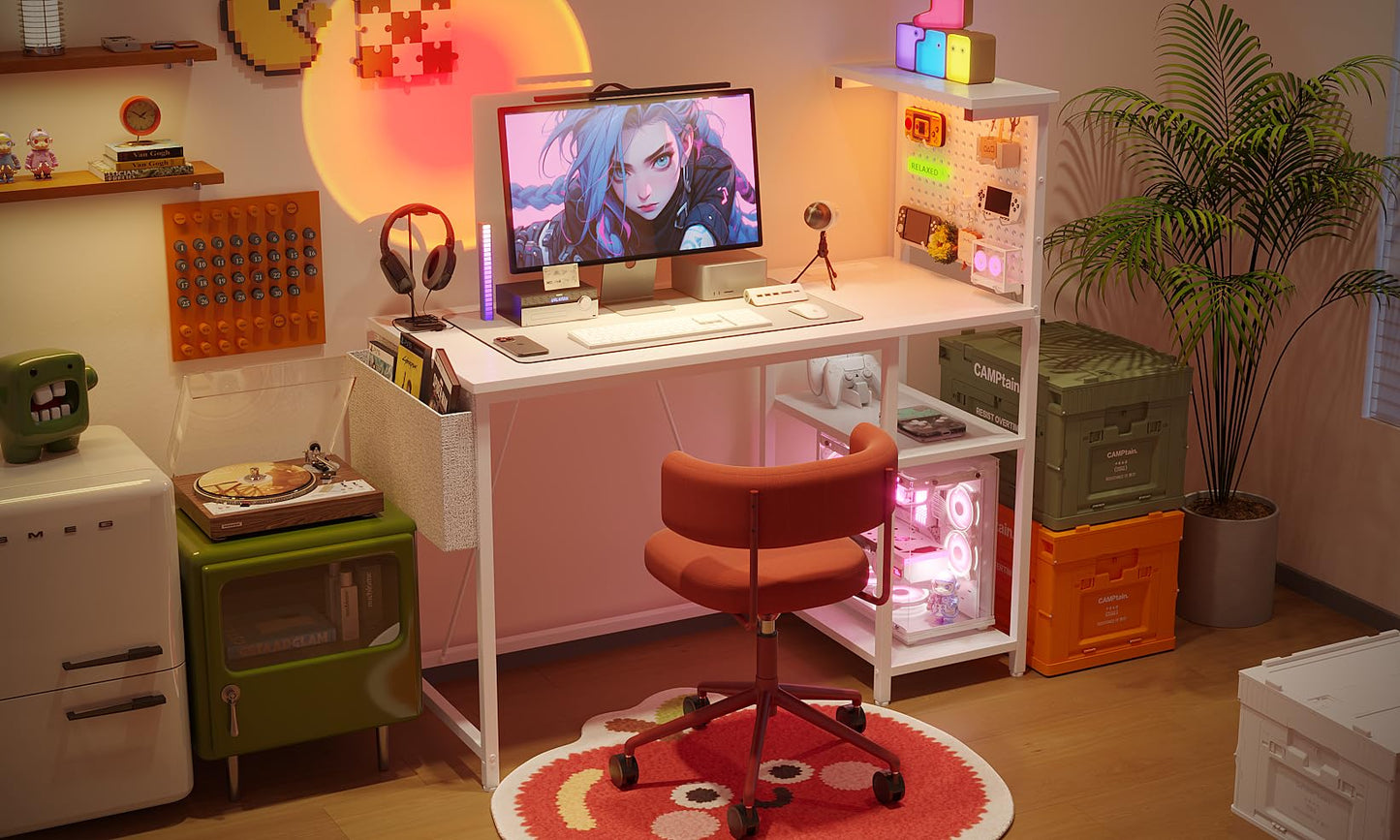 Xyphren Gaming Desk with Pegboard & Power Outlet & LED Light, Small Computer Desk with Reversible Shelves for Corner Home Office Desk, 140 * 50cm