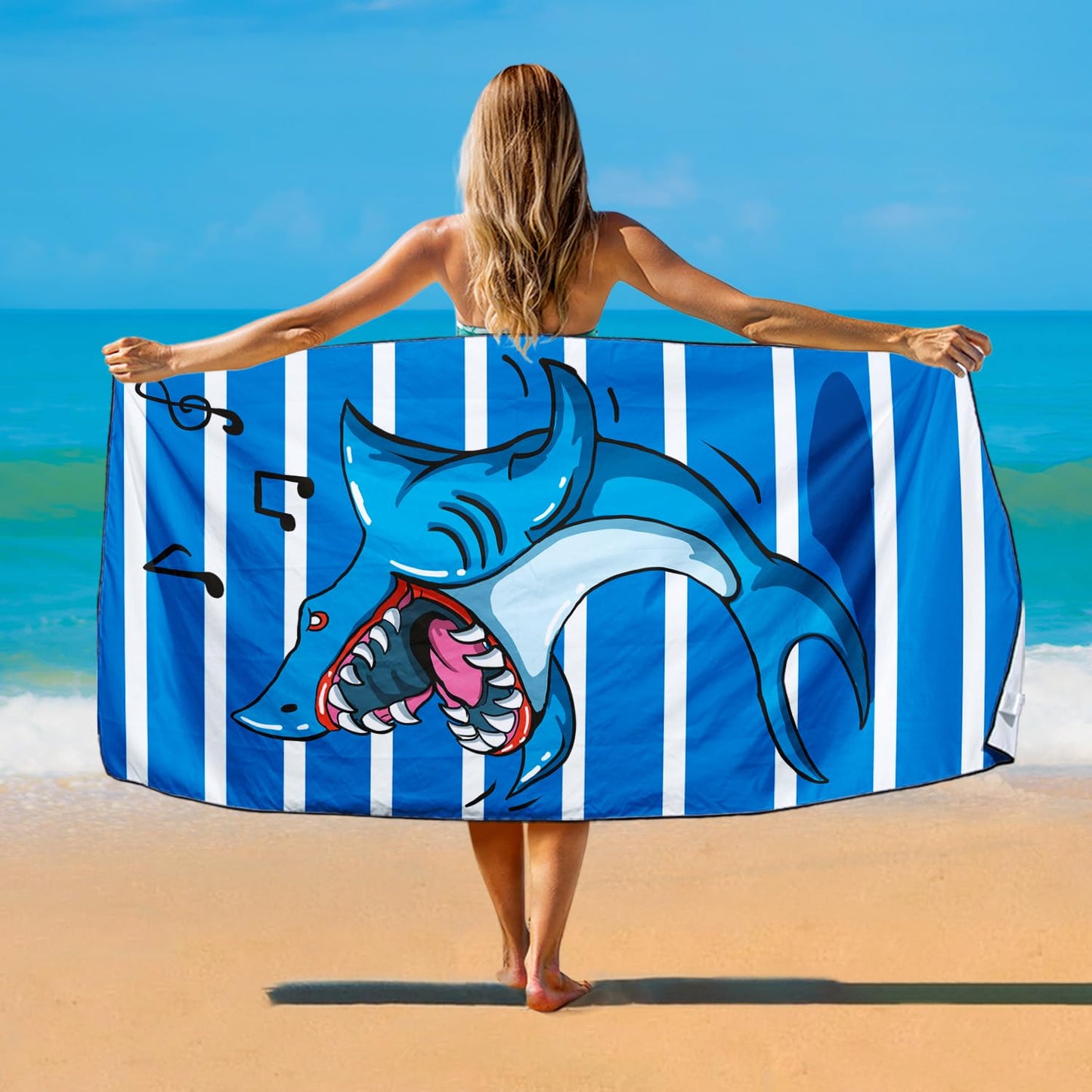 Violetpos Singing Shark Stripe Beach Towel, Extra Large 180x90 cm 250GSM Microfibre, Sand Free Quick Dry
