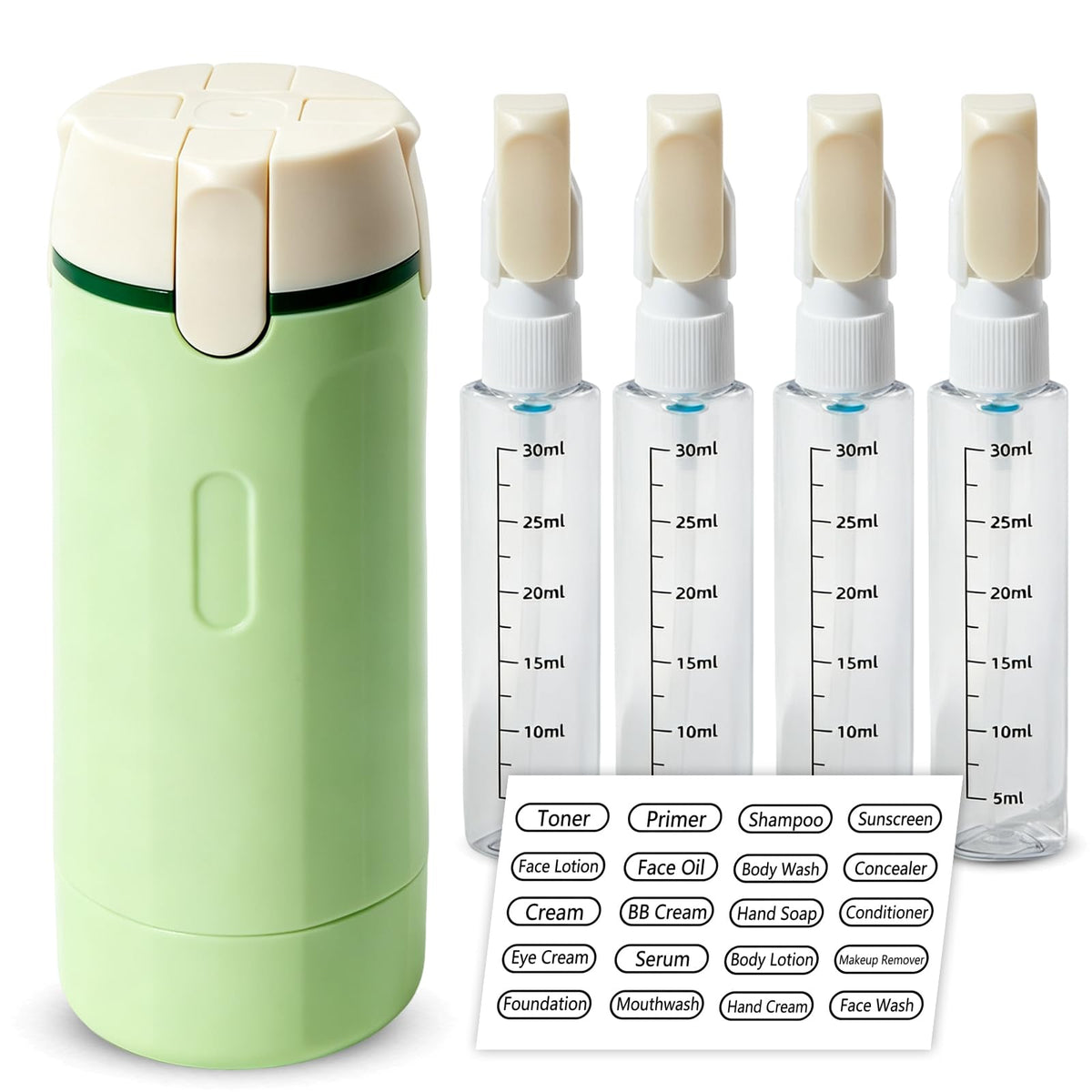 4 in 1 Travel Bottle Dispenser, Refillable Leakproof Mini Plastic Travel Containers for Toiletries