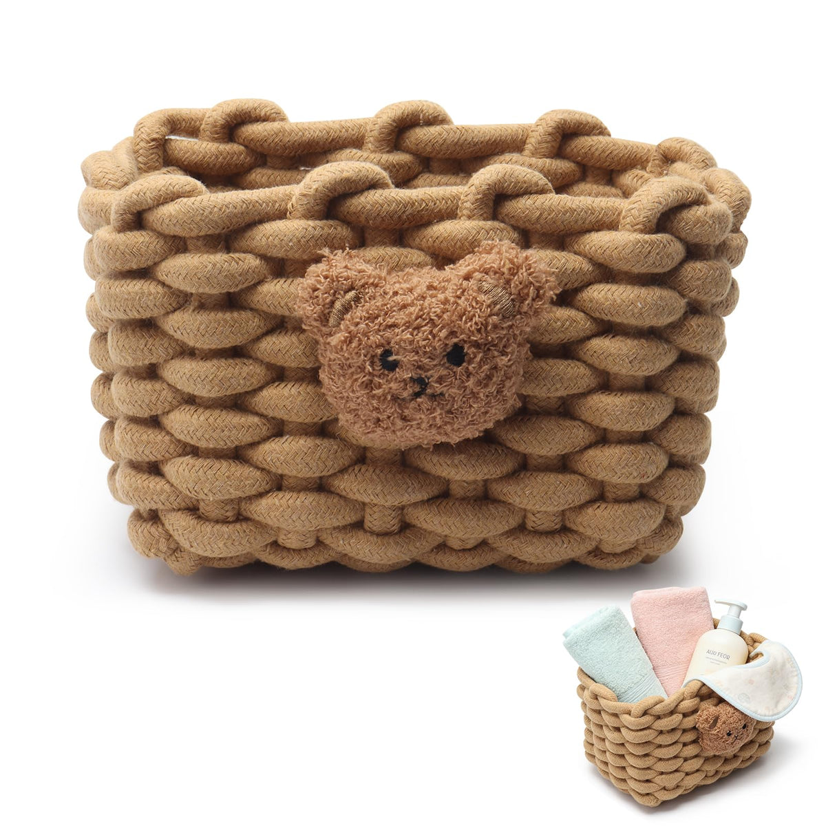 Woven Cotton Wicker Storage Basket with Bear Motif, White - Bathroom Organizer for Desk, Makeup Table, Cabinets, Bath, Kitchen Brown
