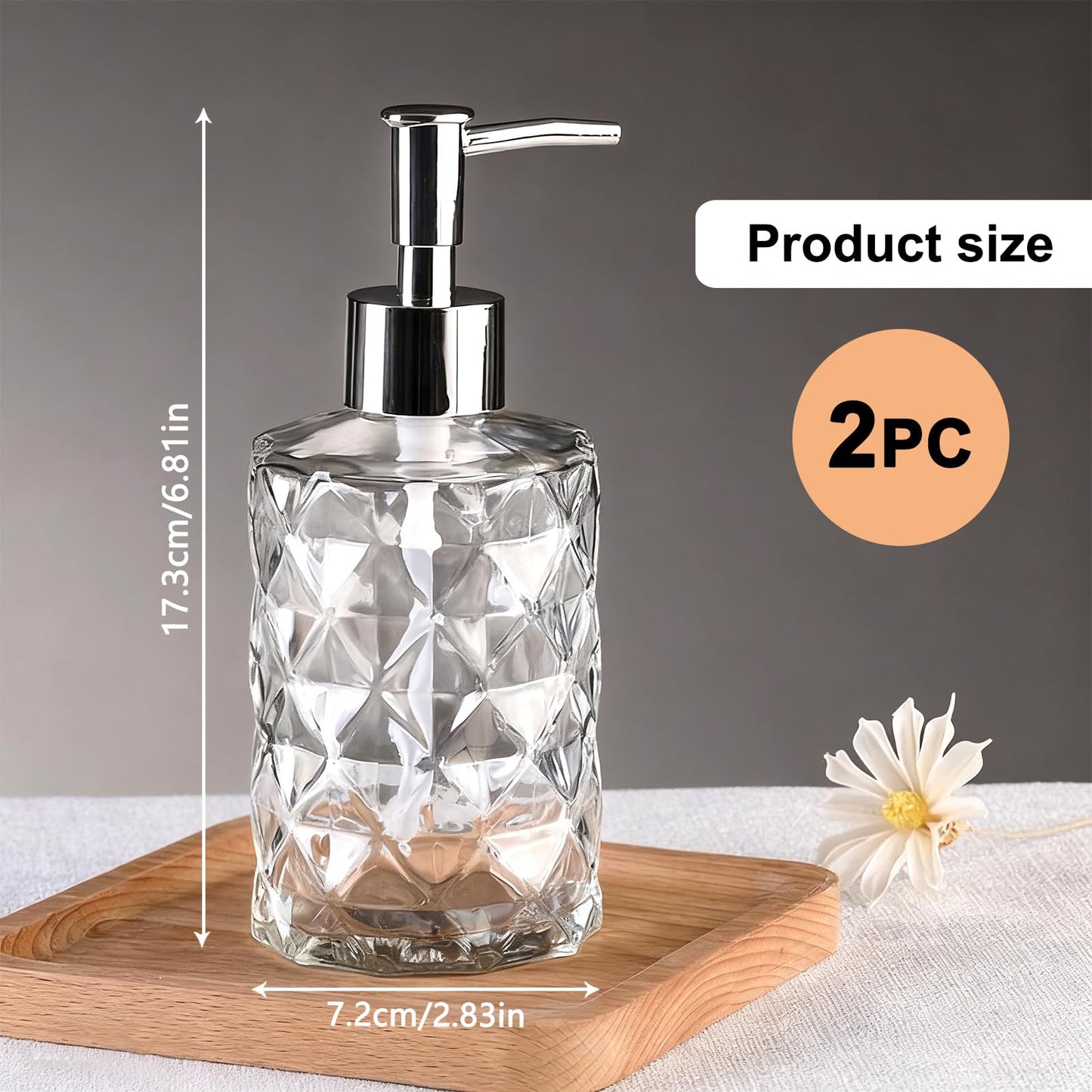 Glass Soap Dispenser 2pc, Diamond Crystal Transparent Style with Plastic Pump，Handwash Dispenser Bottle, Used in Kitchen and Bathroom