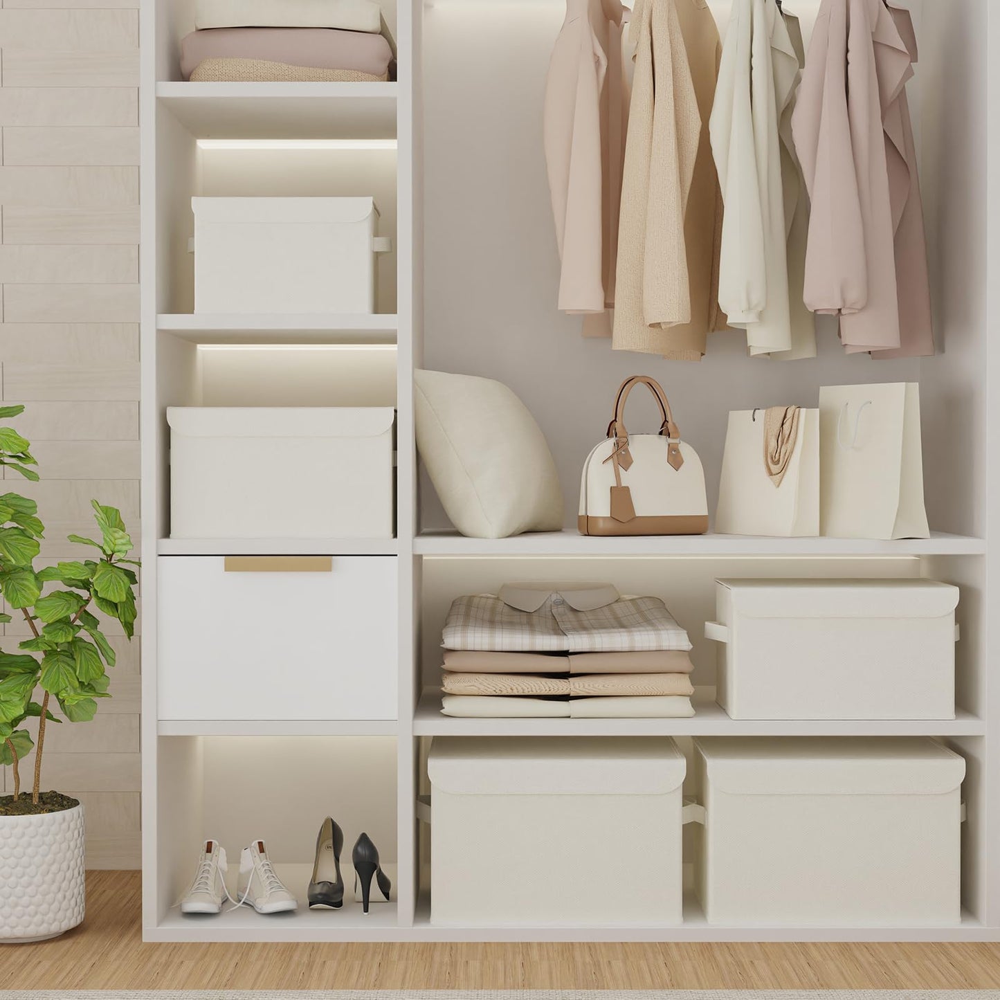 GUOHNHE Storage Bin with Lid, Closet Boxes, 2 Pack, Beige, 26x20x17 cm