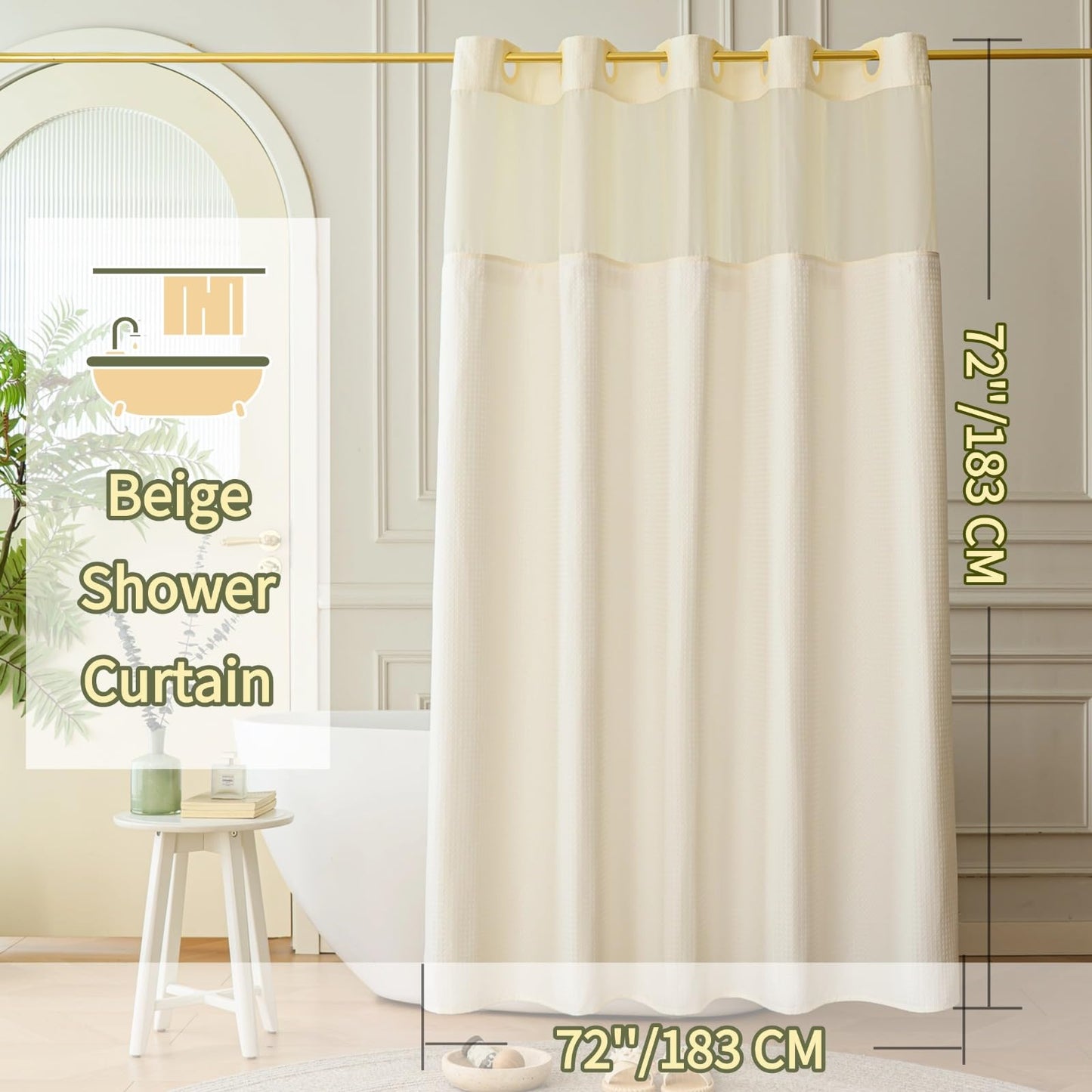 Yofori Hookless Shower Curtain with Snap in Fabric Liner Set, Waffle Shower Curtain with See Through Top Window Wet Room Shower Curtains for Bathroom