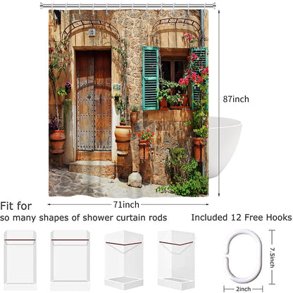Hnmdmyi 3D Shower Curtain 180x220, Garden Flowers Scenery Street Alley Vintage Look Stone Wall with Door Bathroom Curtains with Hooks Waterproof