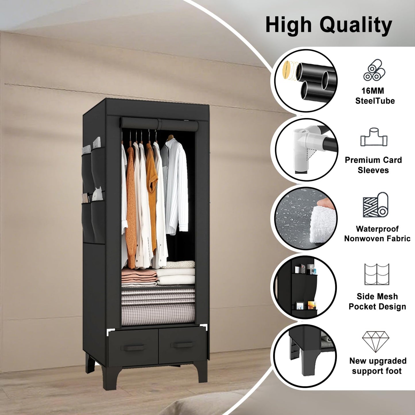 OPPAIYA Canvas Wardrobe, Temporary Wardrobe With Hanging Rails, 2 Shelves, 8 Side Bags & 2 drawer