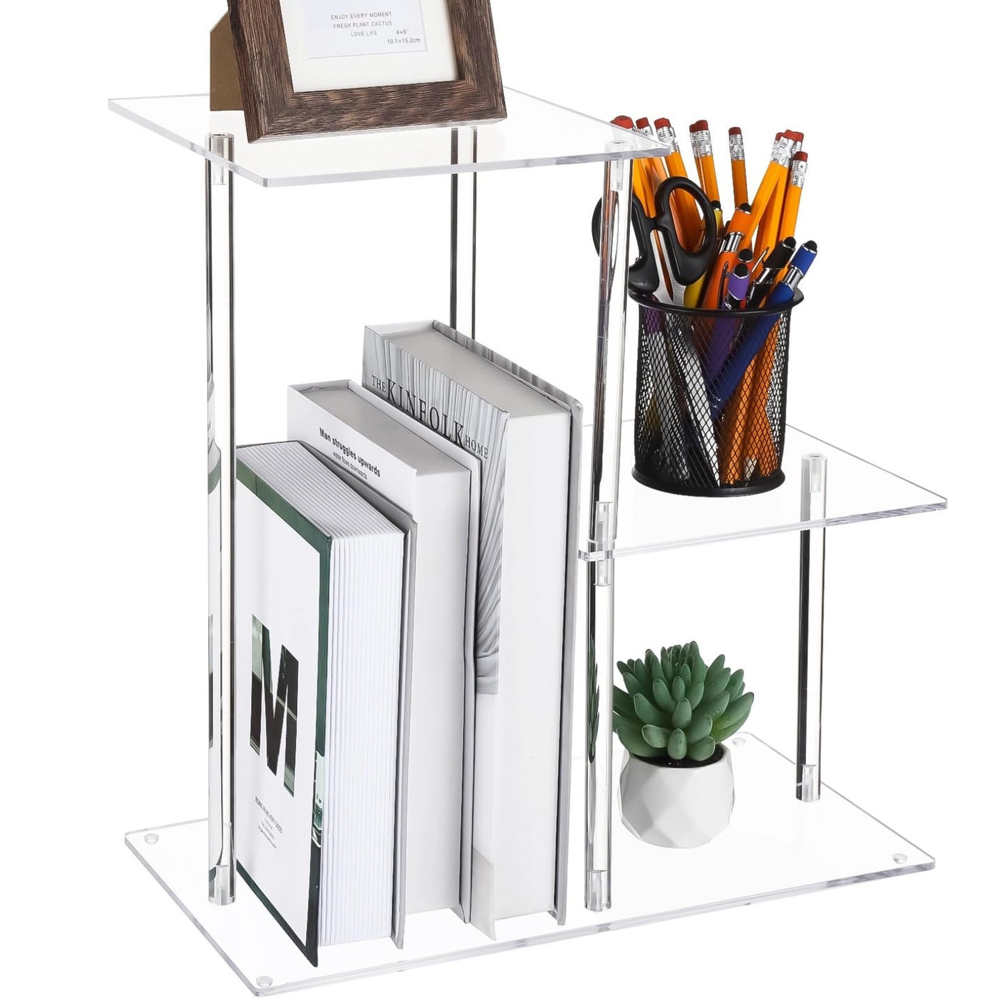 3-Tier Clear Acrylic Desktop Bookshelf, Modern Table Top Shelf Organizer with Silicone Pads, Easy to Assemble