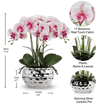 Briful 17" Artificial Orchid Phalaenopsis Flowers Decorative Orchid Bonsai Fake Flowers Real Touch Orchid Artificial Flowers with Silver Ceramic Pot