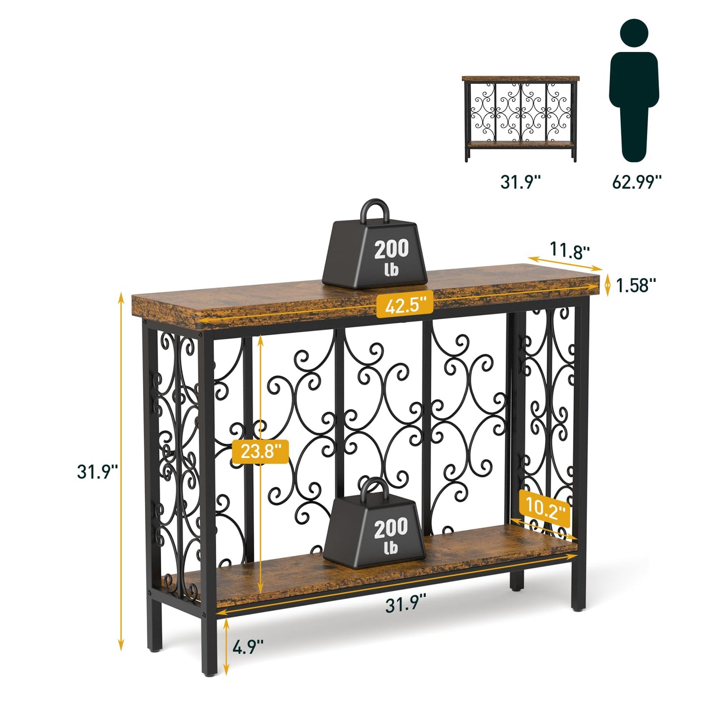 ikkle Console Table - 42.5" Industrial Hallway Table with 2-Tier Storage Shelf, Wood Behind Sofa Table Plant Stand Shelf TV Stand for Entryway