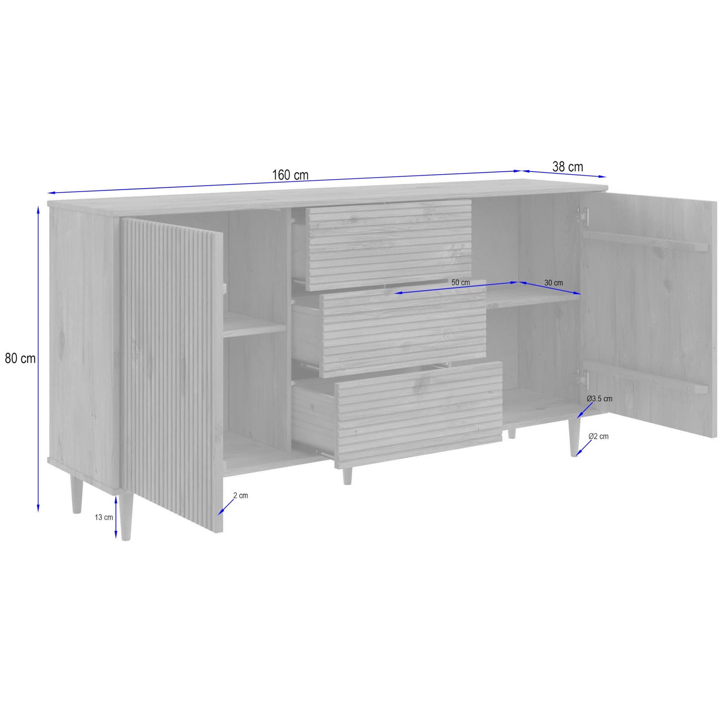 Jerzy Sideboard 160 cm with 2 doors 3 Drawers in Stain Wax, 38x160x80cm (DxWxH)