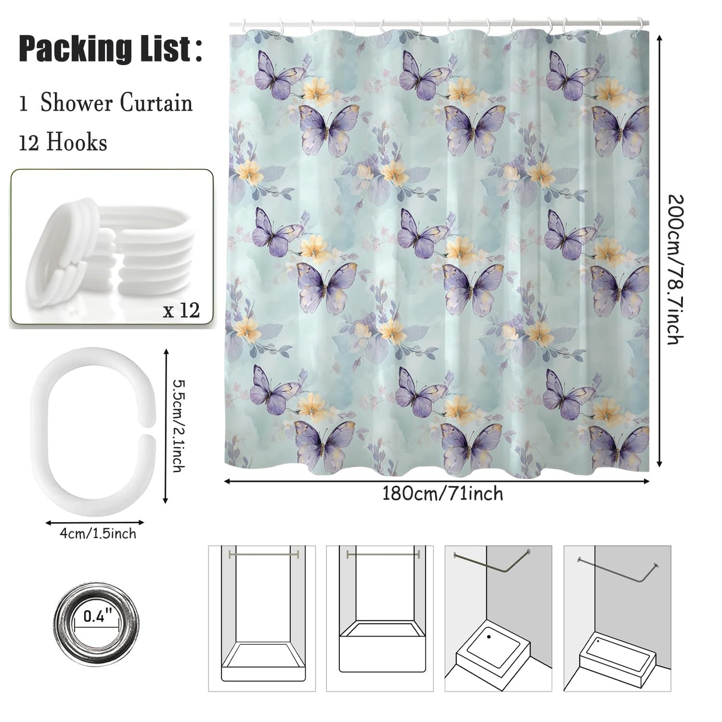 Butterfly Floral Shower Curtain 180x200cm Waterproof Mould Proof with Hooks