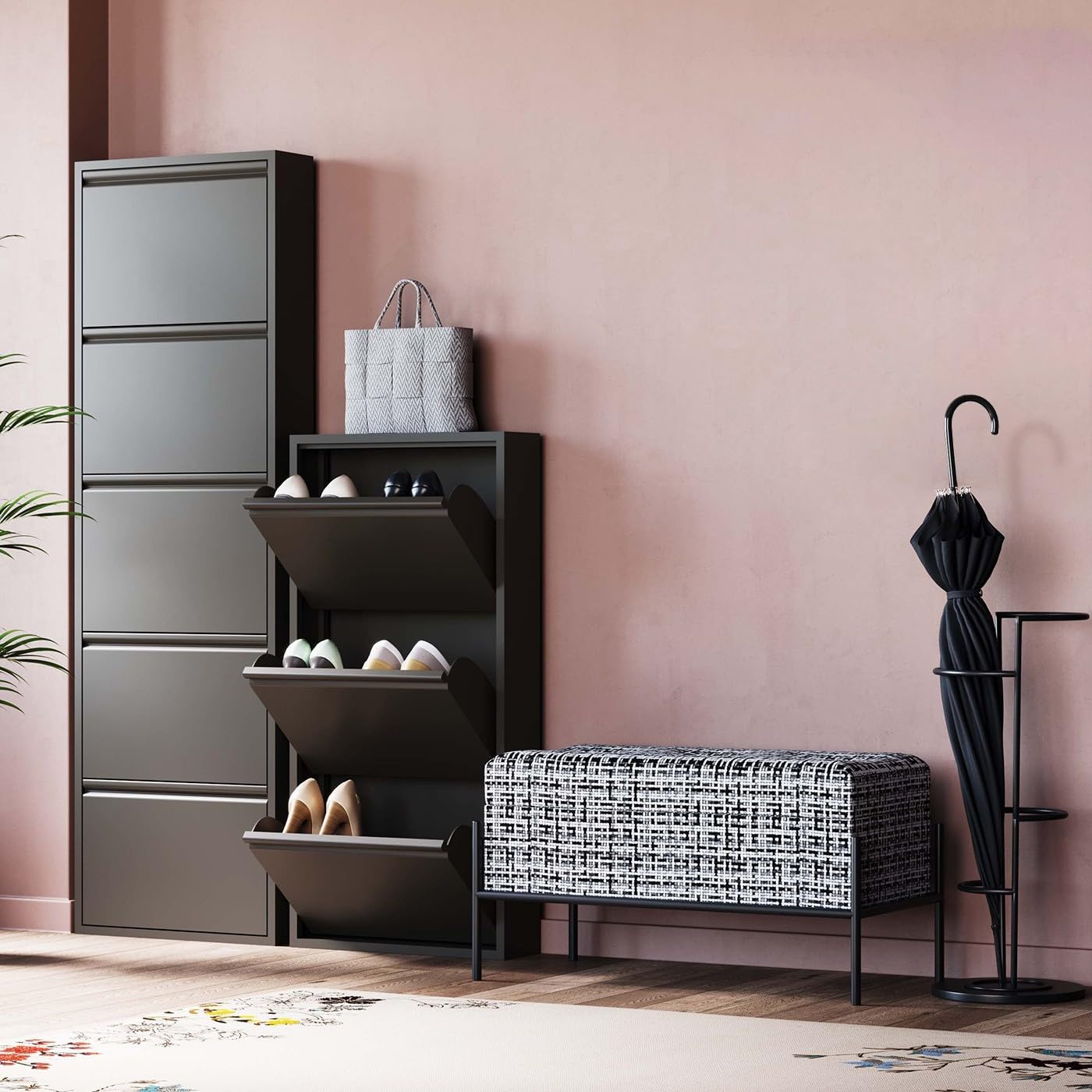 KARE Design Shoe cabinet Caruso, Black, 104x50x15 cm, Metal, with 3 flaps, Shoe storage for 6 pairs of shoes, narrow, space-saving, tall, Shoe rack