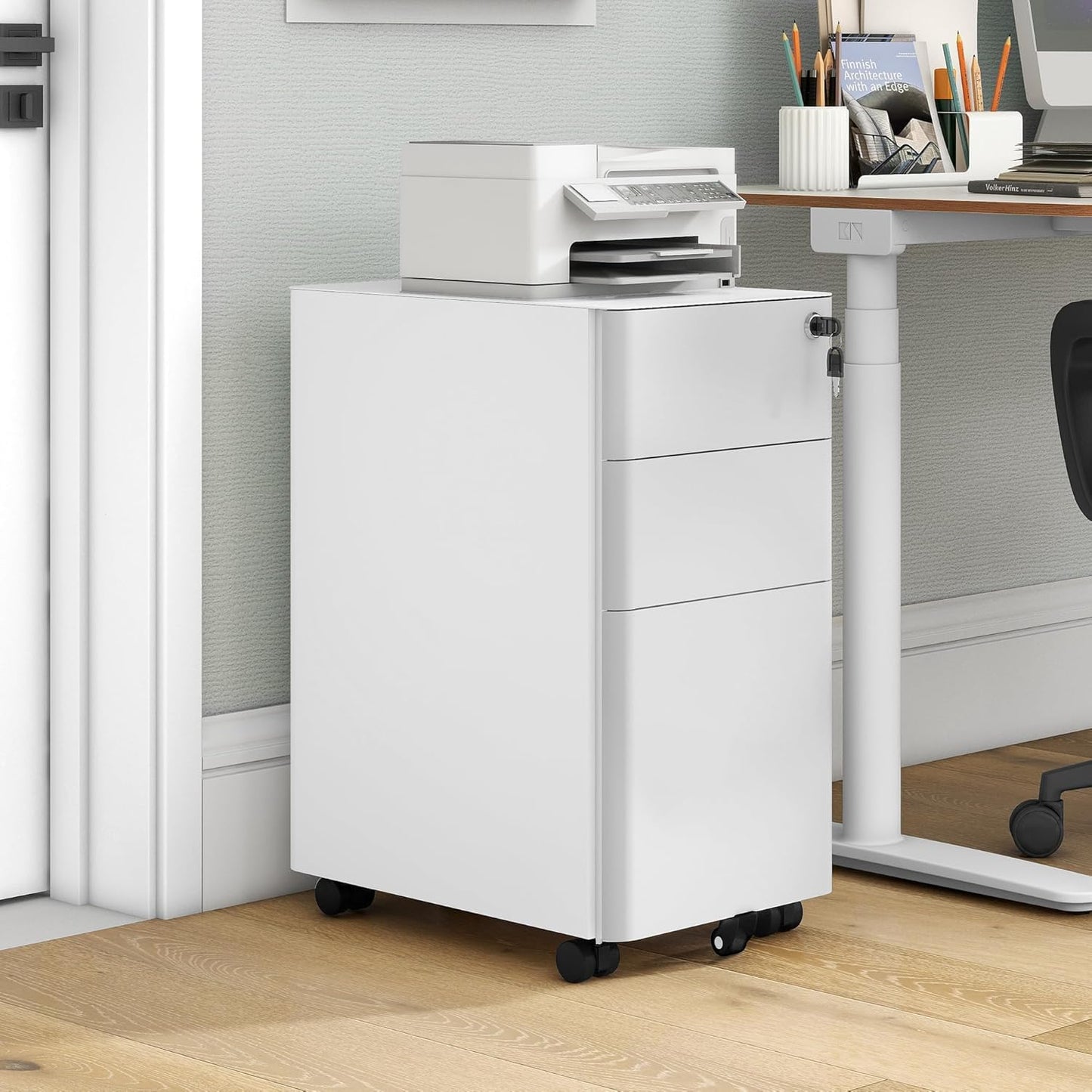 DWVO 3 Drawer Lockable Filing Cabinet Mobile Steel White Grey 30x45x61cm