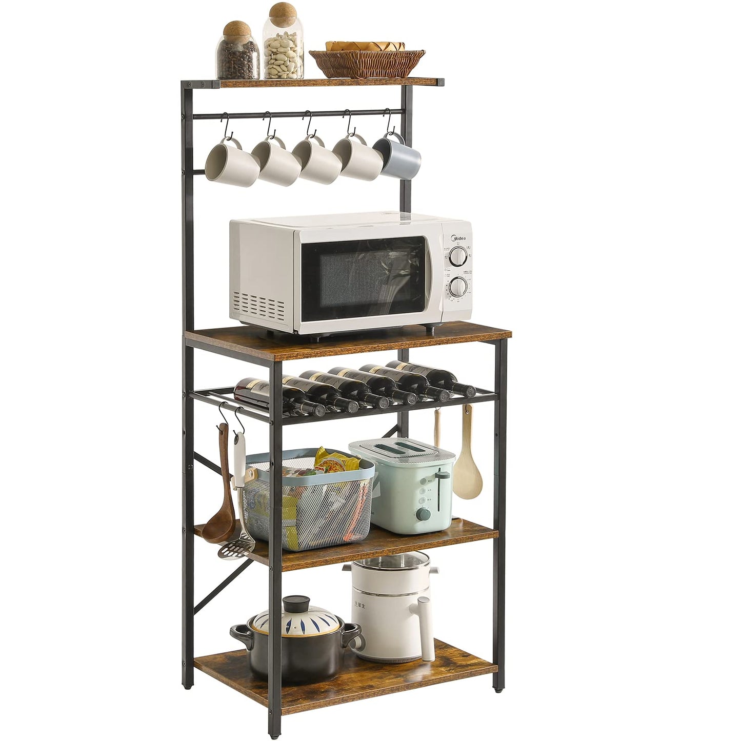 YMYNY Kitchen Baker's Rack, Microwave Oven Stand with Storage Shelves, Industrial Coffee Bar Station, with Adjustable Wine Holders and S-Hooks