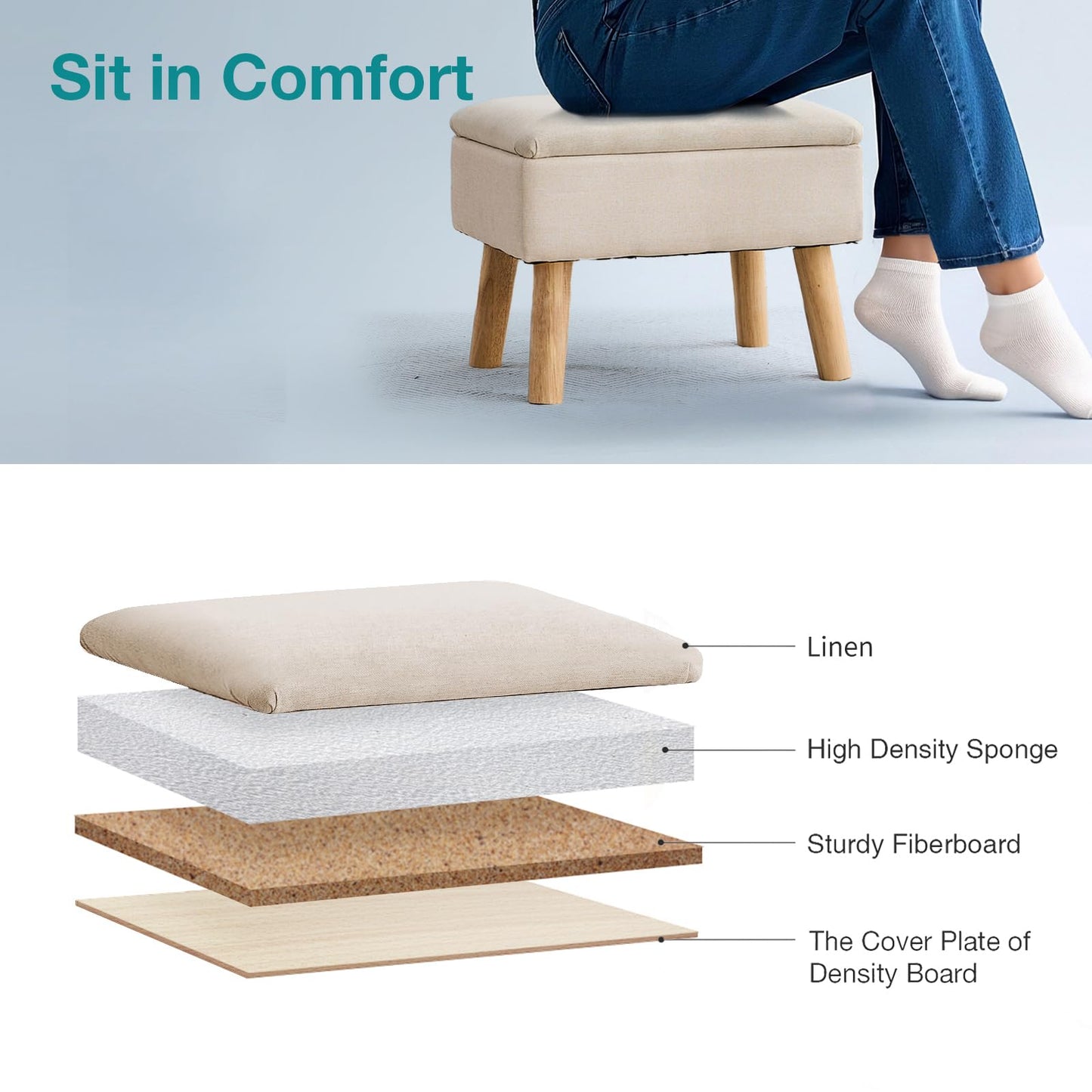 BRIAN & DANY Footstool Ottoman with Storage, Linen Rectangle Storage Ottoman, Foot Stool with Legs Sofa Footrest for Living Room Entryway Office