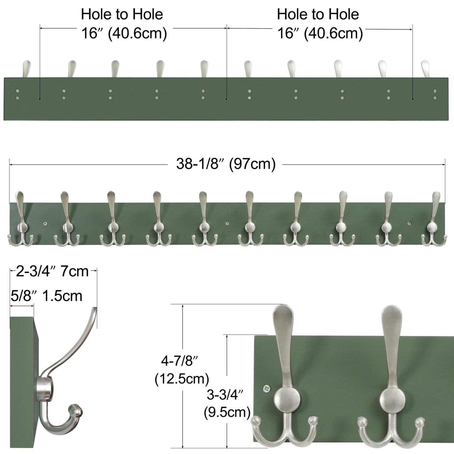 SKOLOO Creations Forest Green Solid Wood Wall Mounted Coat Rack, 10 Hooks, 97cm Long - Kitchen, Mudroom, Entryway, Bathroom