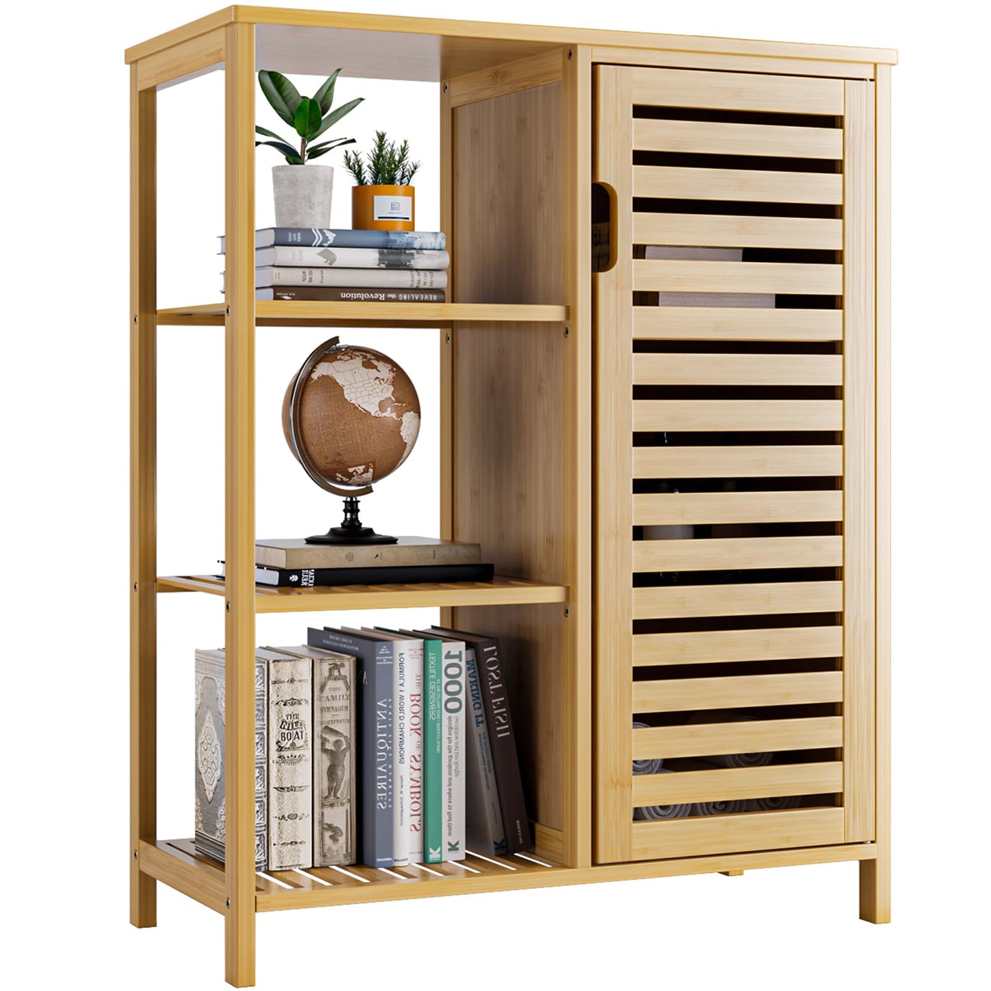 HITNET Bathroom Floor Cabinet, Bamboo Storage Cabinet Free Standing Cupbaord with Single Door and 3 Shelves for Kitchen Living Room Home Office,