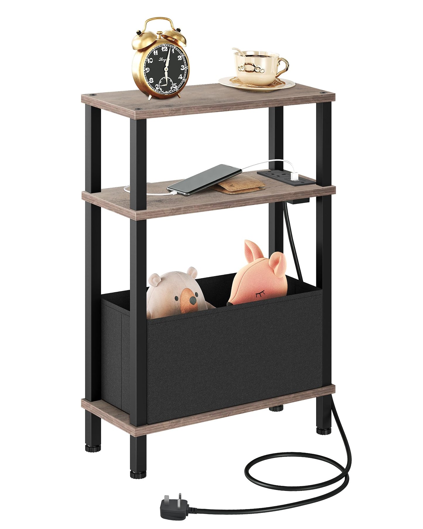CHOEZON Slim Side Table with Charging Station, 3-Tier Narrow Side Table with Drawer, Skinny Bedside Table, End Table for Small Spaces, for Bedroom