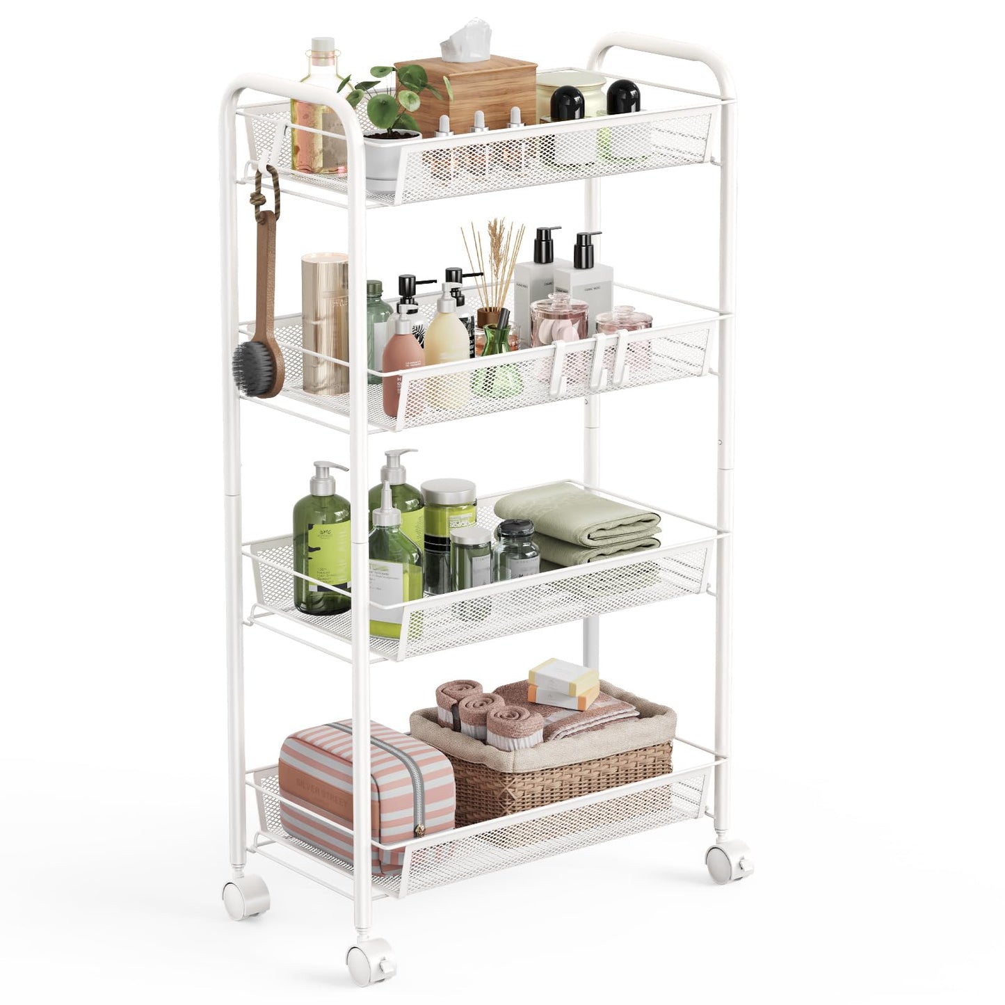 WELDUN 4-Tier Storage Trolley, Meatl Rolling Cart, Mesh Storage Cart White
