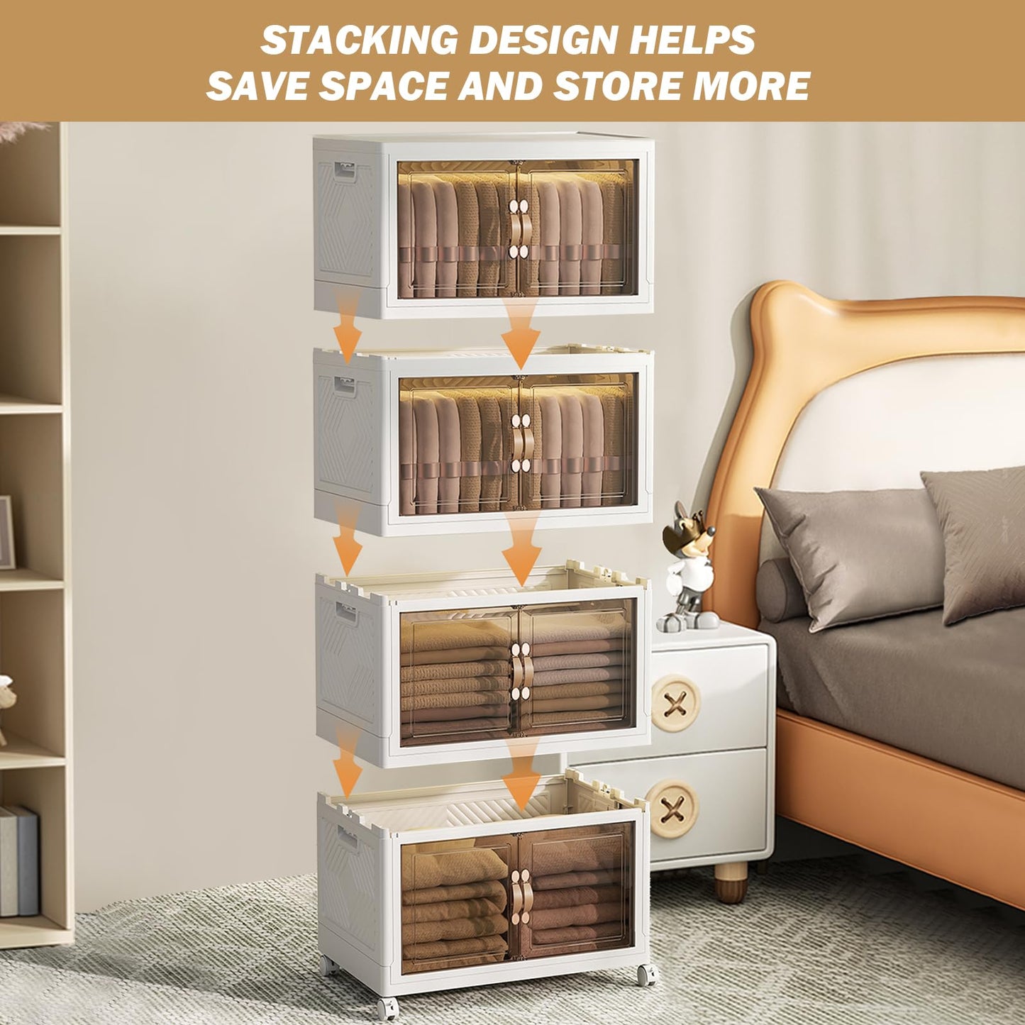 ELPHECO Storage Boxes with a lid, 4-Piece Large Collapsible Wardrobe, Stackable Storage Boxes with wheels Plastic Collapsible Organiser Kitchen