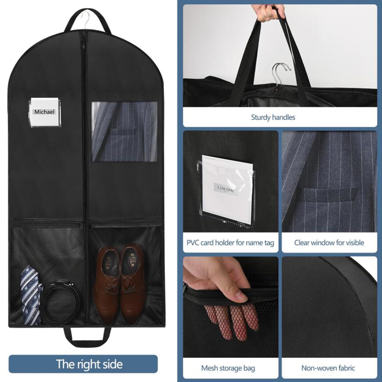 Belinlen 3pack 43" Garment Bags for Travel Hanging Clothes (Black)