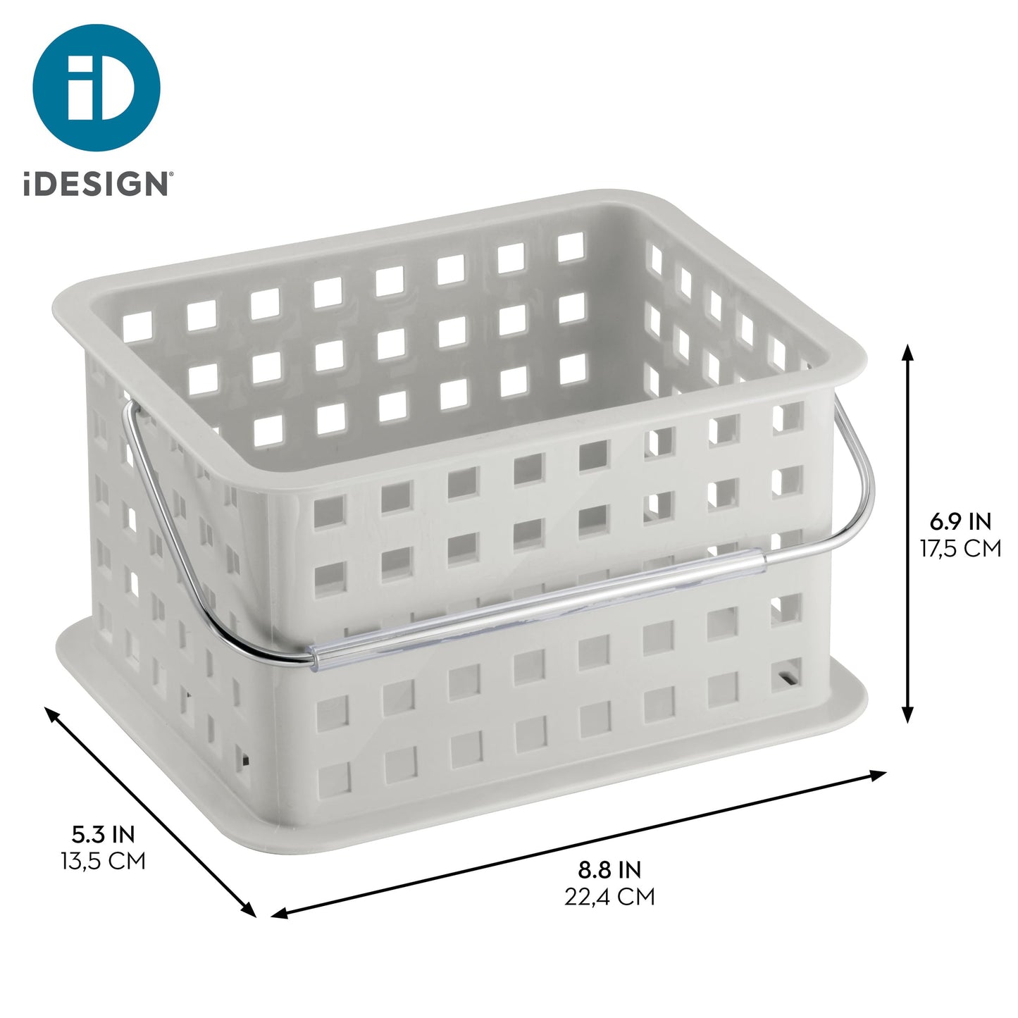 iDesign 61226 Basic Storage Basket, Small Plastic Bath Basket for Shower and Care Accessories, Light Grey