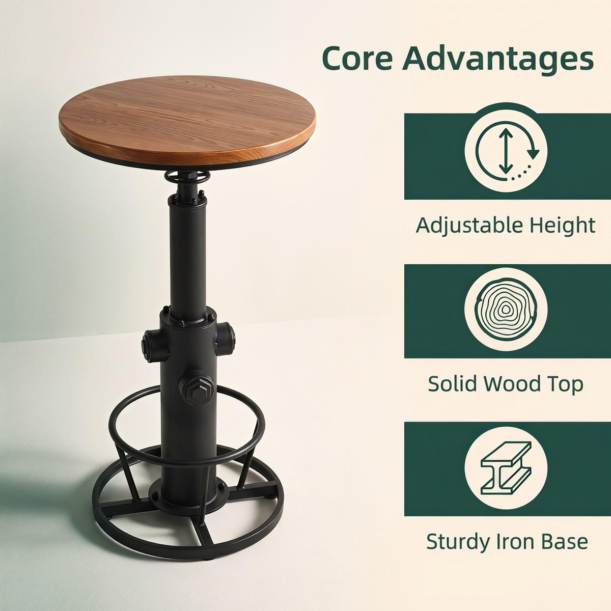 BOKKOLIK Vintage Bistro Table Height Adjustable 38.6-44.4inch Industrial Bar Table for Kitchen Dining Room Coffee House Pub Office Swivel Round