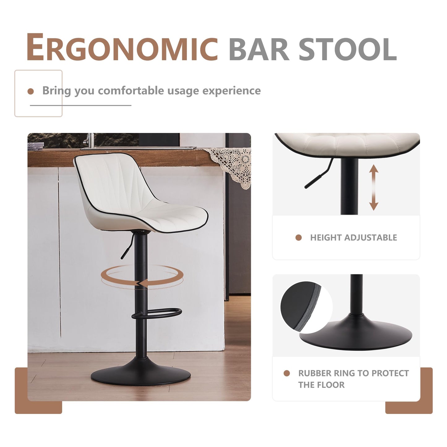 YOUNIKE Bar Stools Set of 2, Swivel Tall Barstools with Back, Adjustable Height Faux Leather Upholstered Modern Counter Height Bar Chairs, White