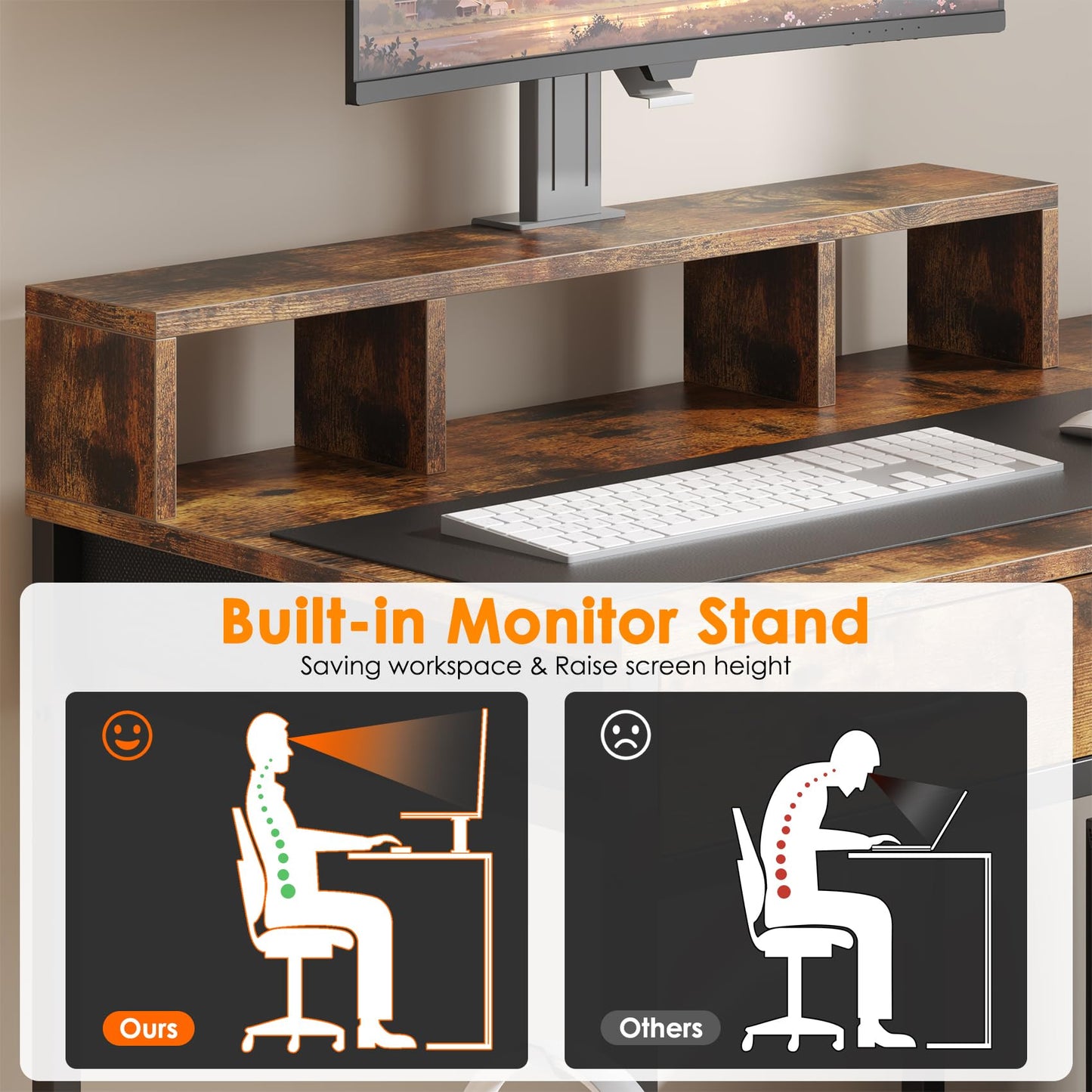 Feonase Ergonomic Computer Desk with Monitor Riser, 2 Under-Desk Drawers, CPU Stand & Hook – MDF Desktop for Home Office