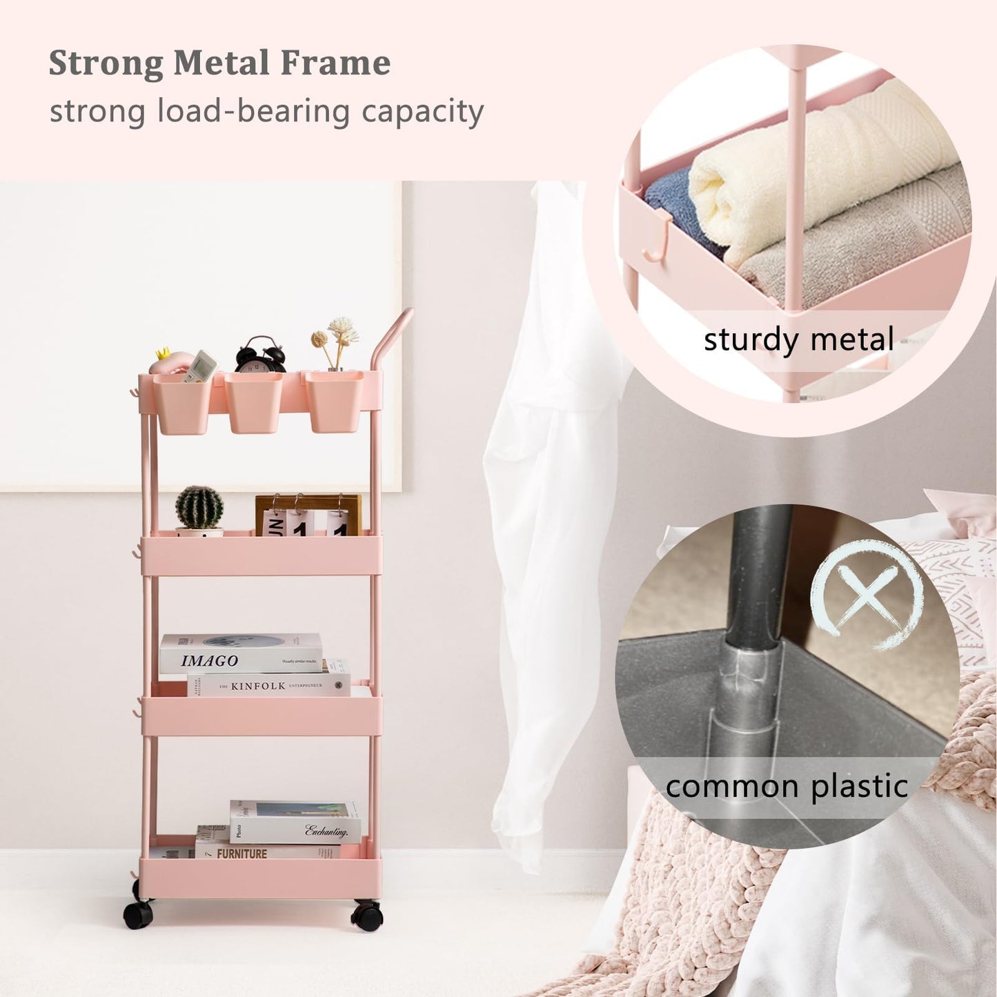 danpinera 4-Tier storage trolley, storage trolley on wheels, beauty trolley with Dividers & Hooks & Hanging Cups, kitchen trolley