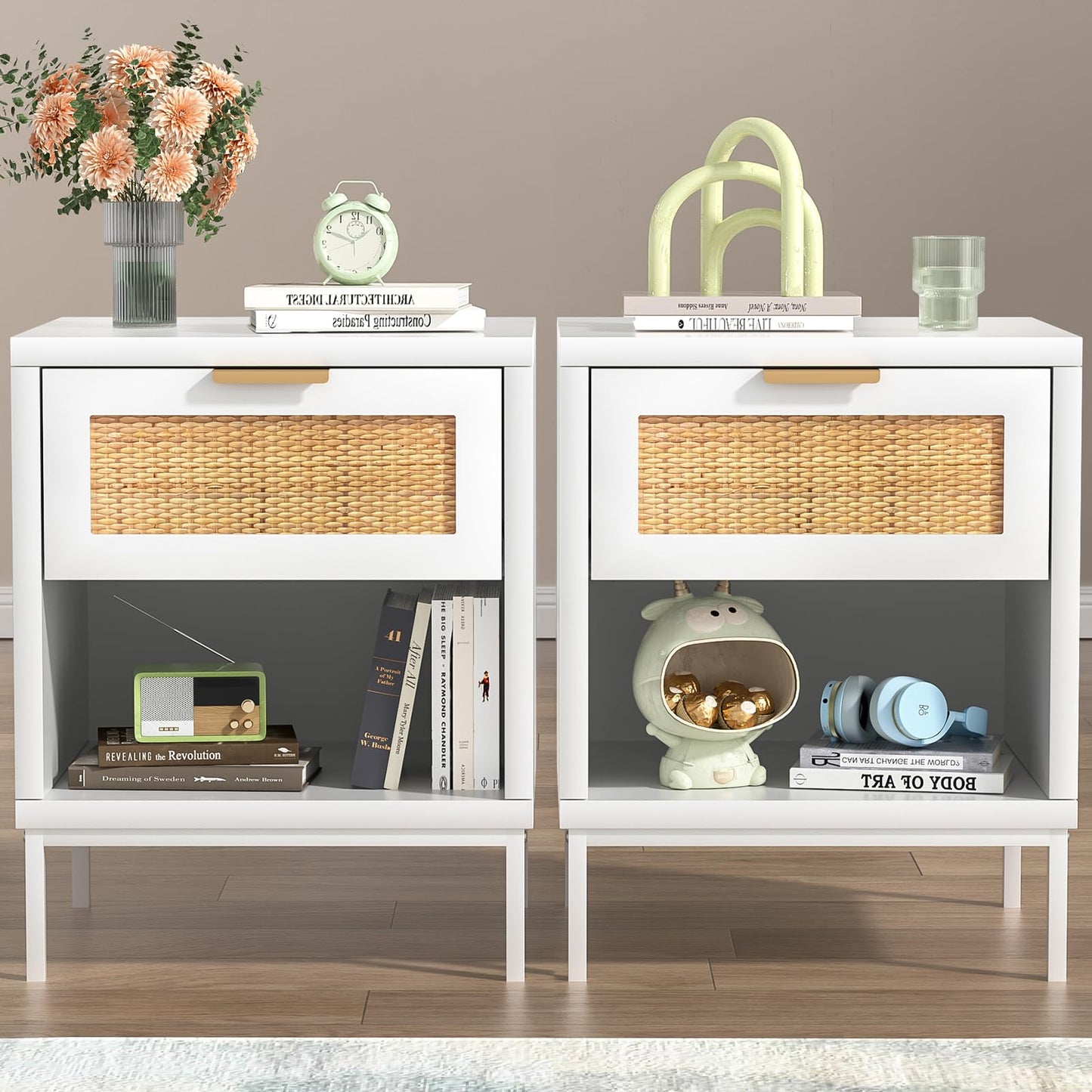 Skokliz Bedside Tables Set of 2, Rattan Bed Side Table for Bedroom with Drawer & Open Shelf, Wood Nightstand, White Bedside Cabinets for Living Room