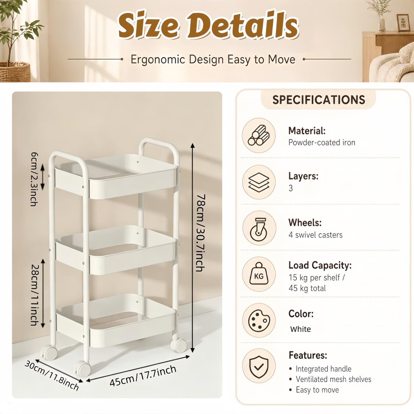 Siocok 3 Tier Metal Storage Trolley on Wheels, Storage Cart, Rolling Utility Cart, Easy Assembly for Home Kitchen, Bathroom Laundry and Office