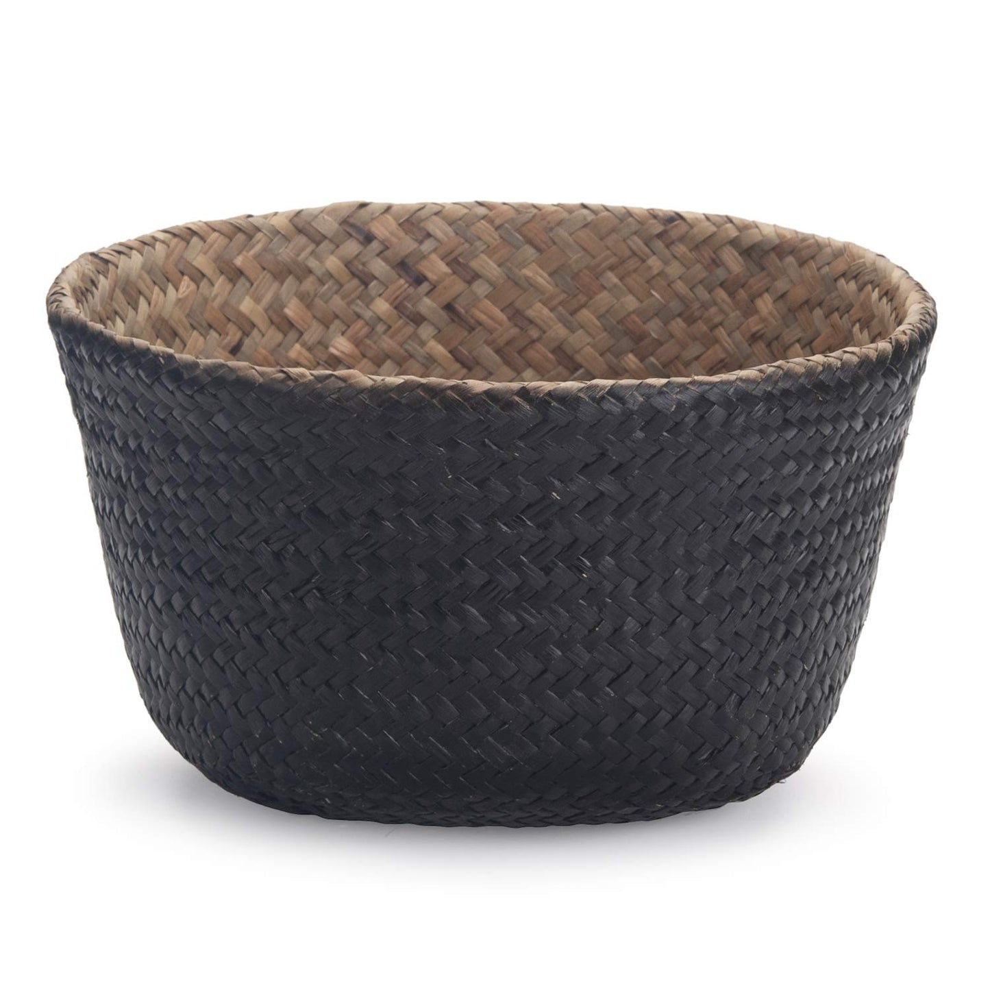 Seagrass Belly Basket Natural Woven Plant Pot Foldable with Handles for Storage Laundry Blankets Toys (Natural + Black)