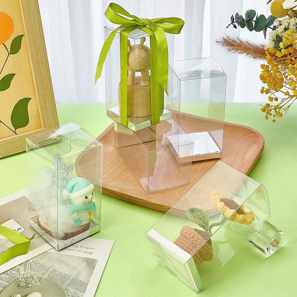 BENECREAT 30 Pcs Clear Gift Boxes, 2x2x4 Inch/5x5x10cm Folding PVC Favor Boxes with Silver Paper Card Base for Wedding Birthday Party Festival Gift