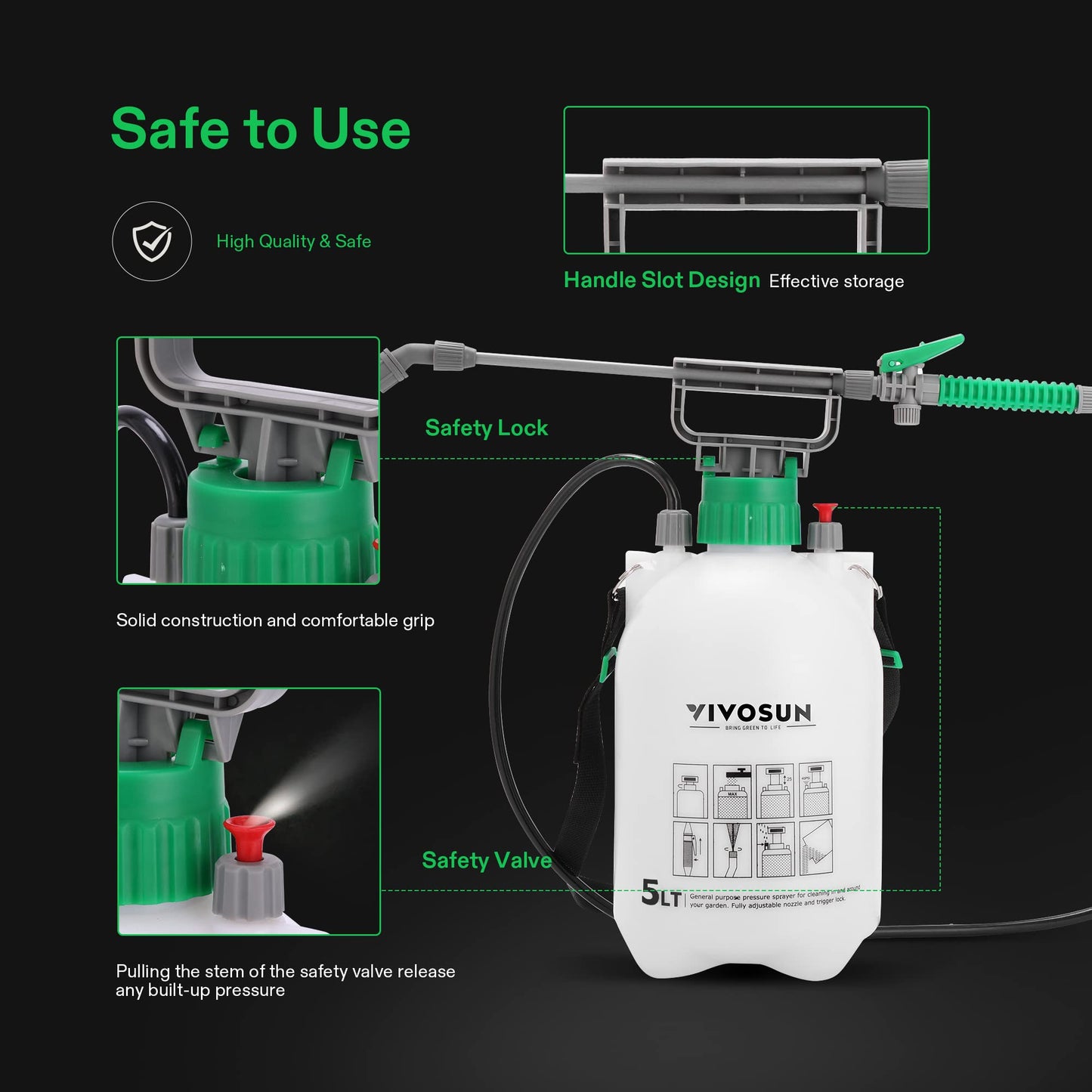 VIVOSUN 1.3 Gallon Pump Pressure Sprayer, 5L Pressurized Lawn & Garden Water Spray Bottle with 3 Water Nozzles, Adjustable Shoulder Strap, Pressure