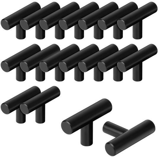 BELLE VOUS 20 Pack of Kitchen Cabinet Handles - 50mm T Bar Pulls - Black Stainless Steel Knobs - Hardware for Drawers, Cupboards, Doors, Furniture,