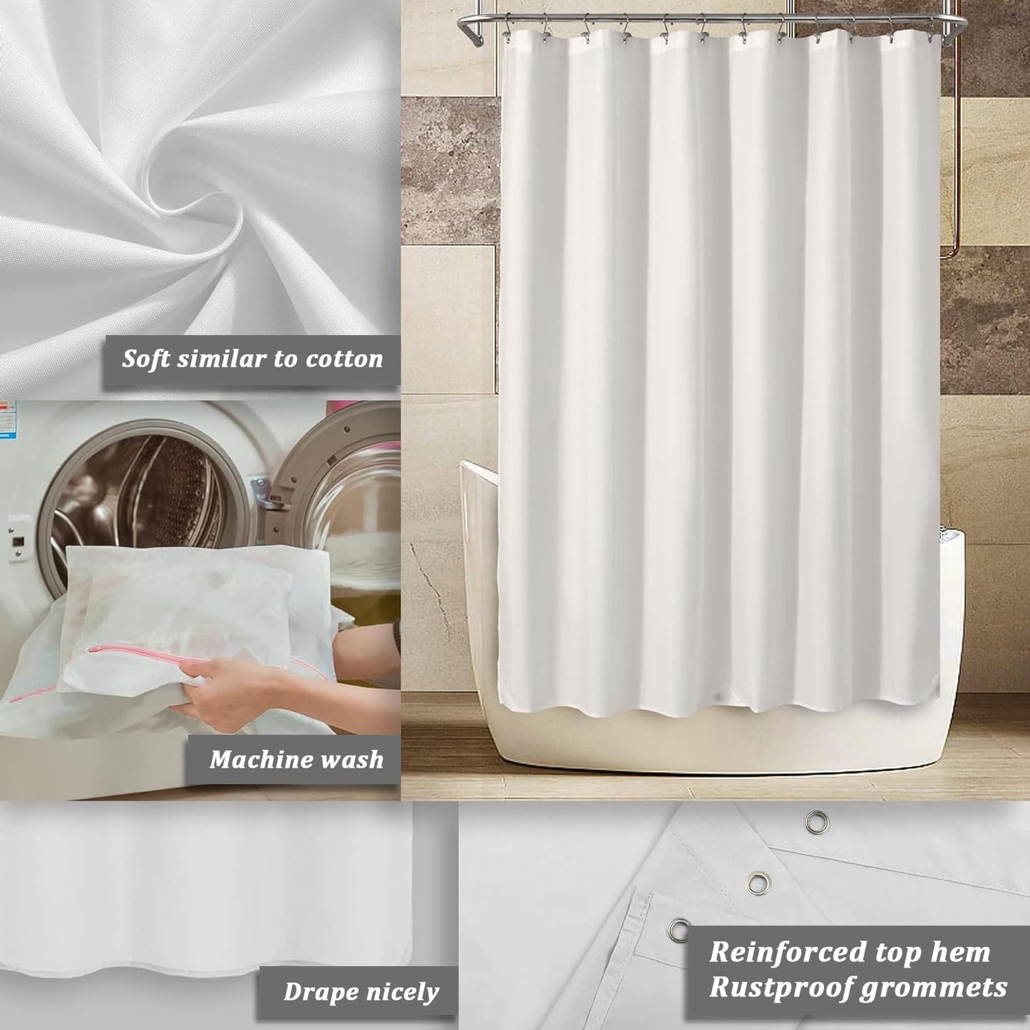 hjwanyin Shower Curtain, Long Shower Curtain Made of Mould PEVA, Stylish and Water Repellent Shower Liner for Bathroom (White, 180 * 200cm)