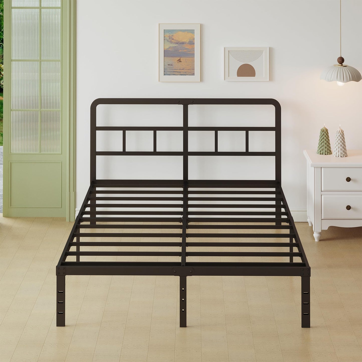 Lutown-Teen King Size Bed Frame 36 cm High with Curved Headboard, Heavy Duty Metal Bed Frames King Size 5ft with Steel Slats, Ample Storage Under-bed,