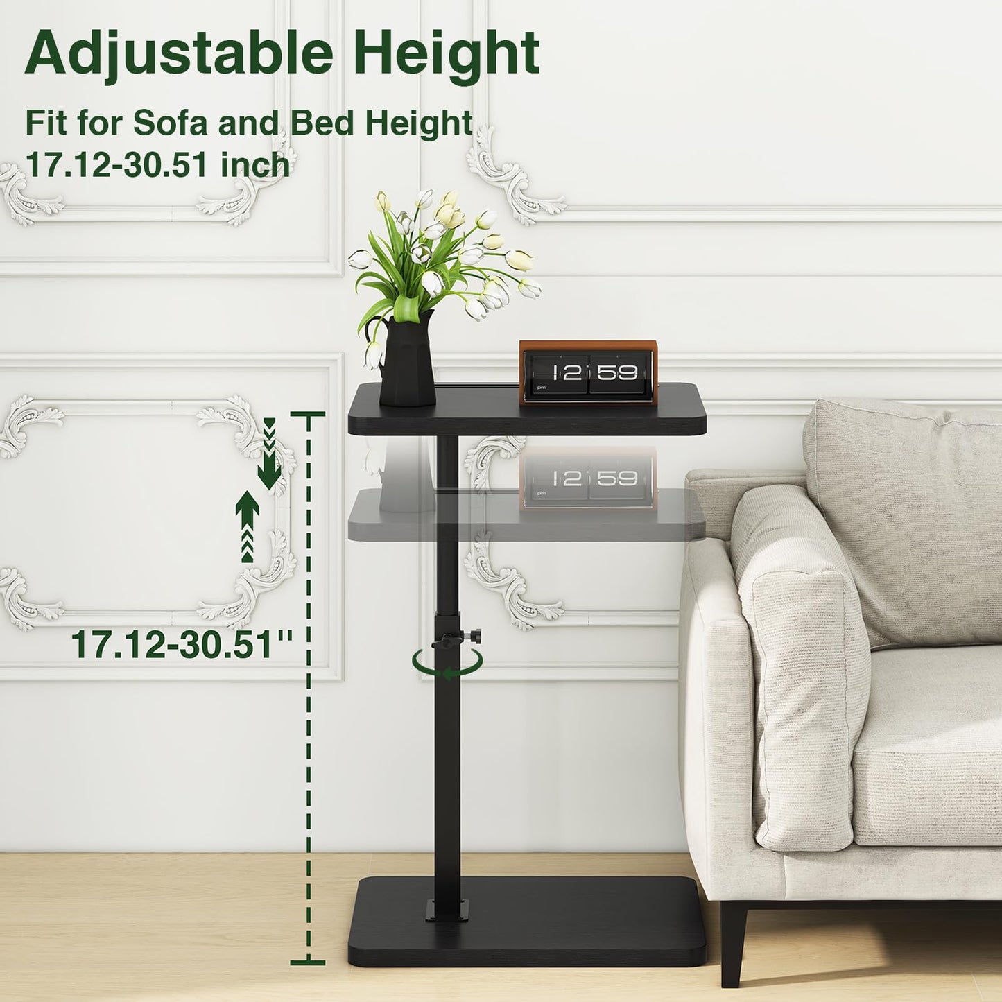 IBUYKE C Shaped Side Table,360° Swivel Height Adjustable,Black TVT003B