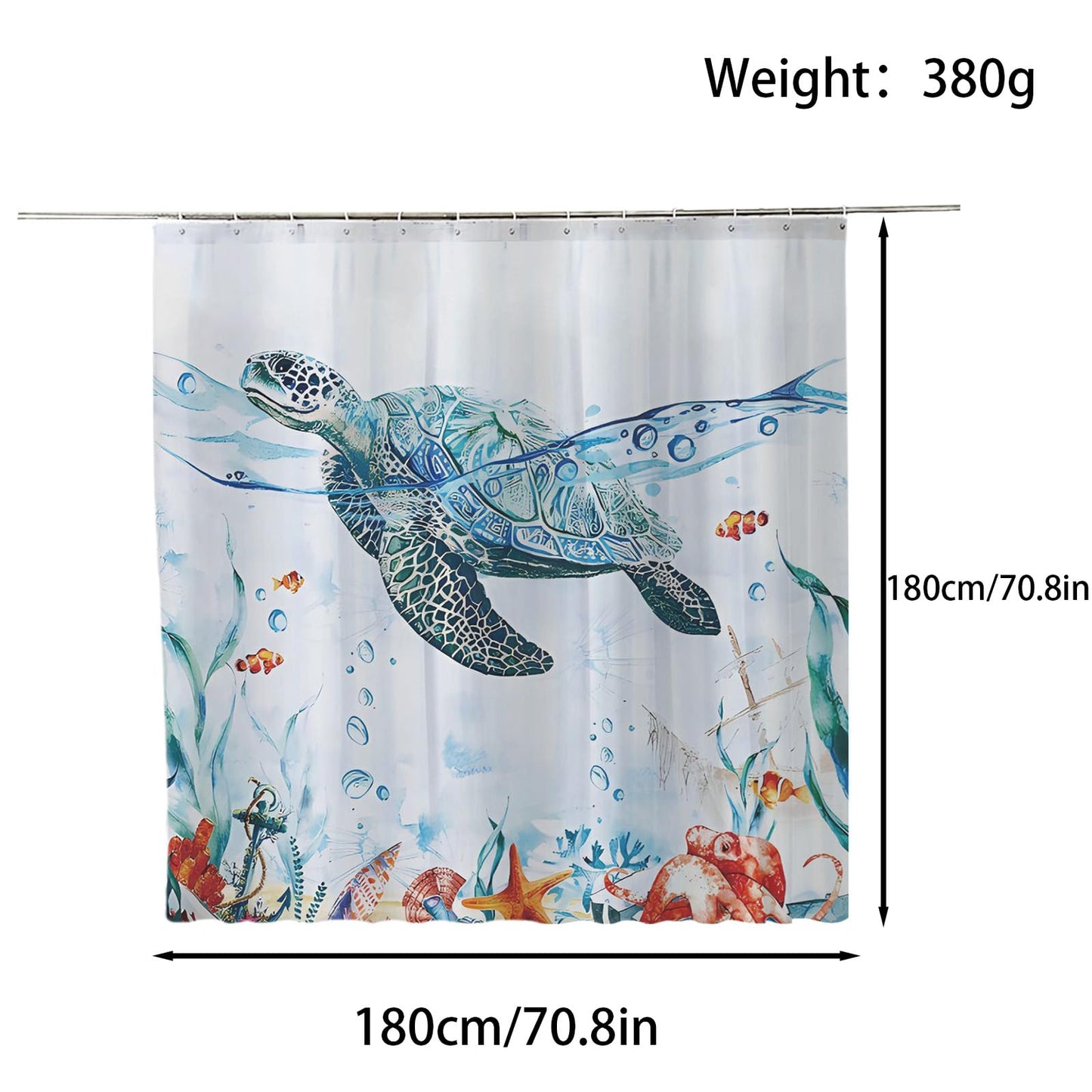 FAIRYGATE Shower Curtains for Bathroom Sea Turtle Shower Curtain Teal Blue Ocean Beach Coastal 180 x 180 cm Waterproof Mildew & Mould Resistant