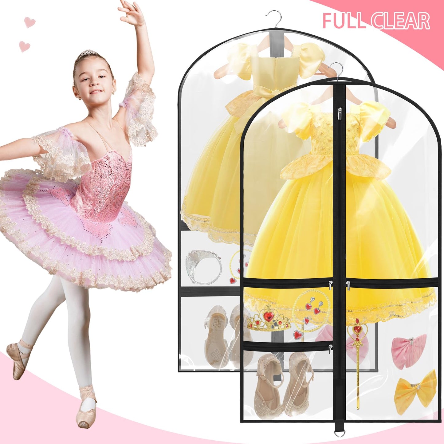 4 Pack Clear Dance Garment Bags 40" Dance Costume Bags with 3 Pockets,Black