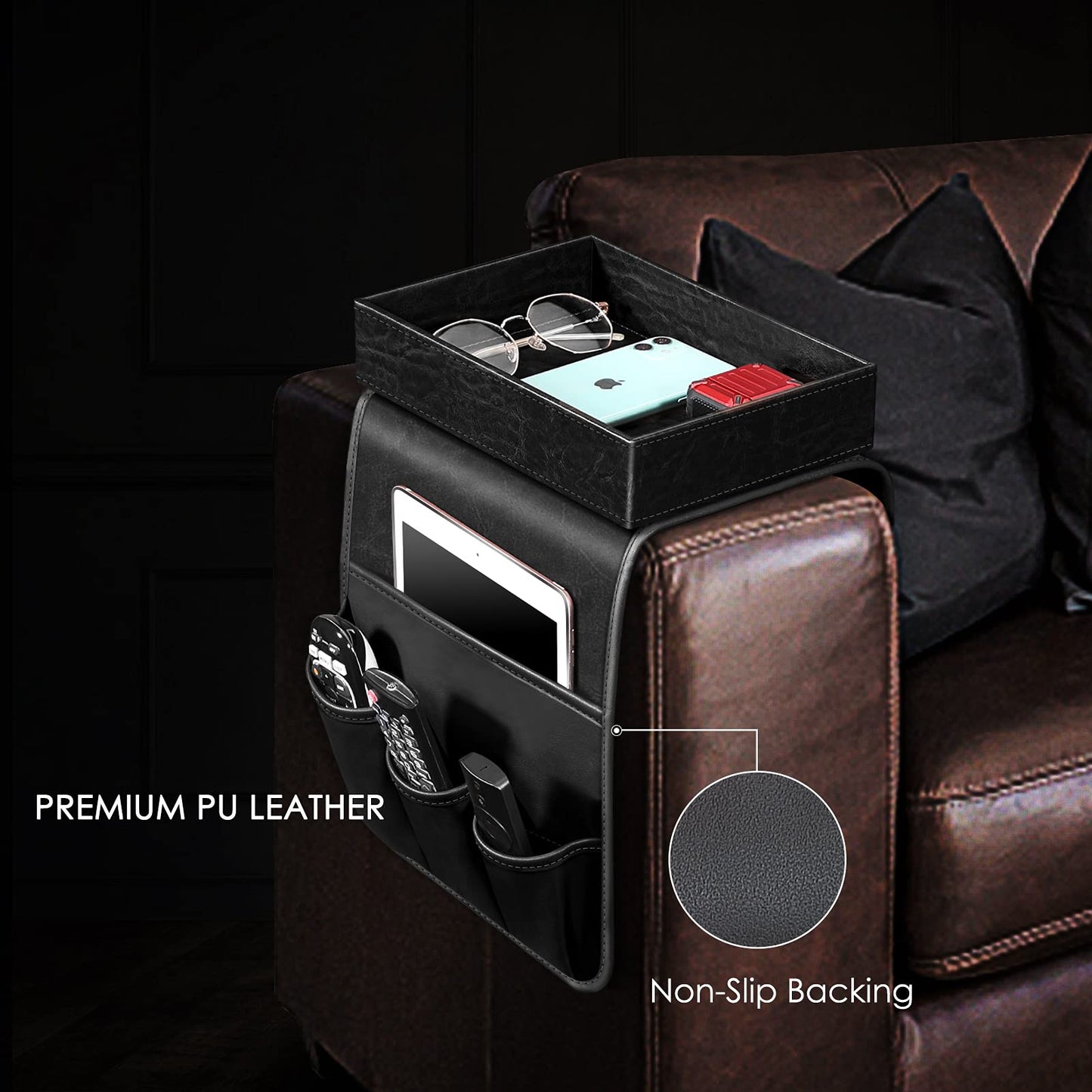 SITHON Sofa Remote Control Holder with Detachable Tray - [Non Slip], Black