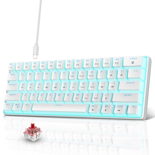 Snpurdiri Portable 60% Mechanical Gaming Keyboard, Ice Blue LED Backlit 61 Keys Mini Wired Office Keyboard for Windows Laptop PC Mac (White,Red