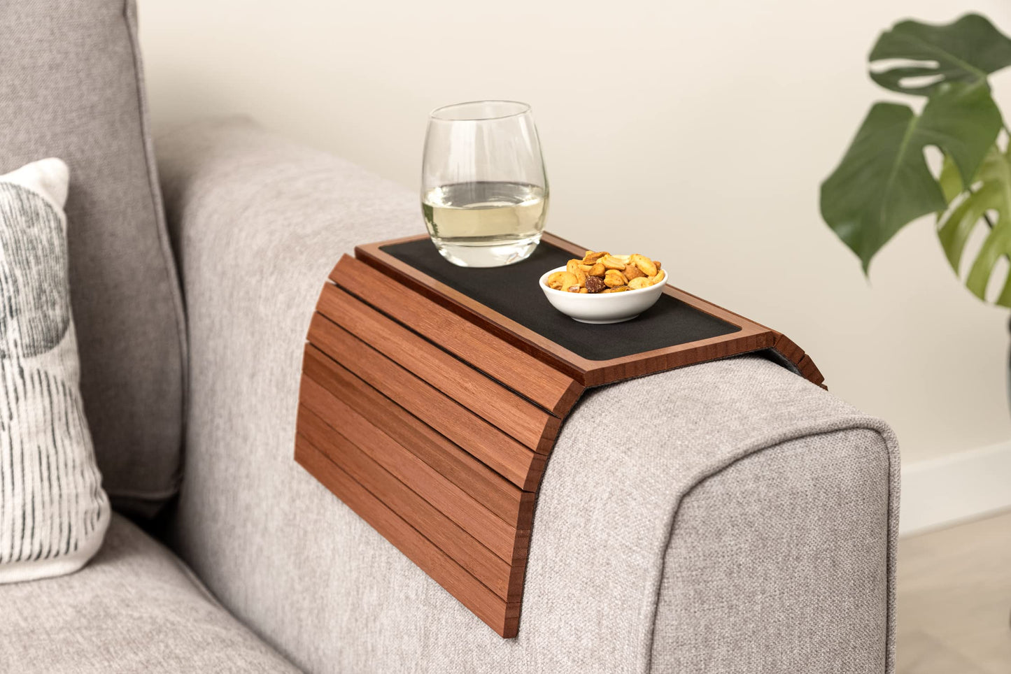 Kos Design Bamboo Sofa Arm Tray – Anti-Slip, Flexible Sofa Arm Table for All Armrests – Durable Couch Tray with Elegant Design, Natural Color