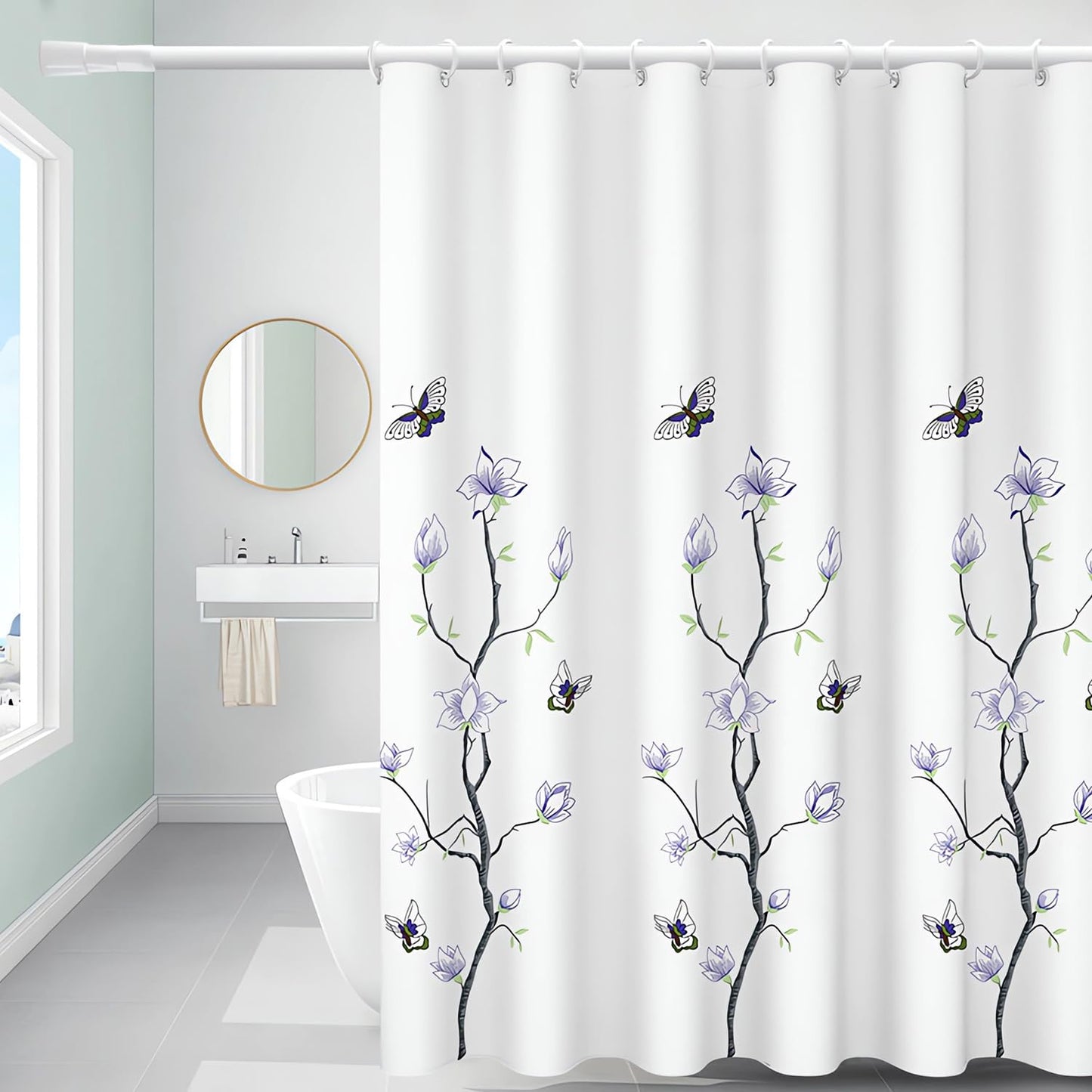 Lerores Shower Curtain 180x200 cm Flower Trees, Weighted Hem Anti-Mould Textile, Water-Repellent