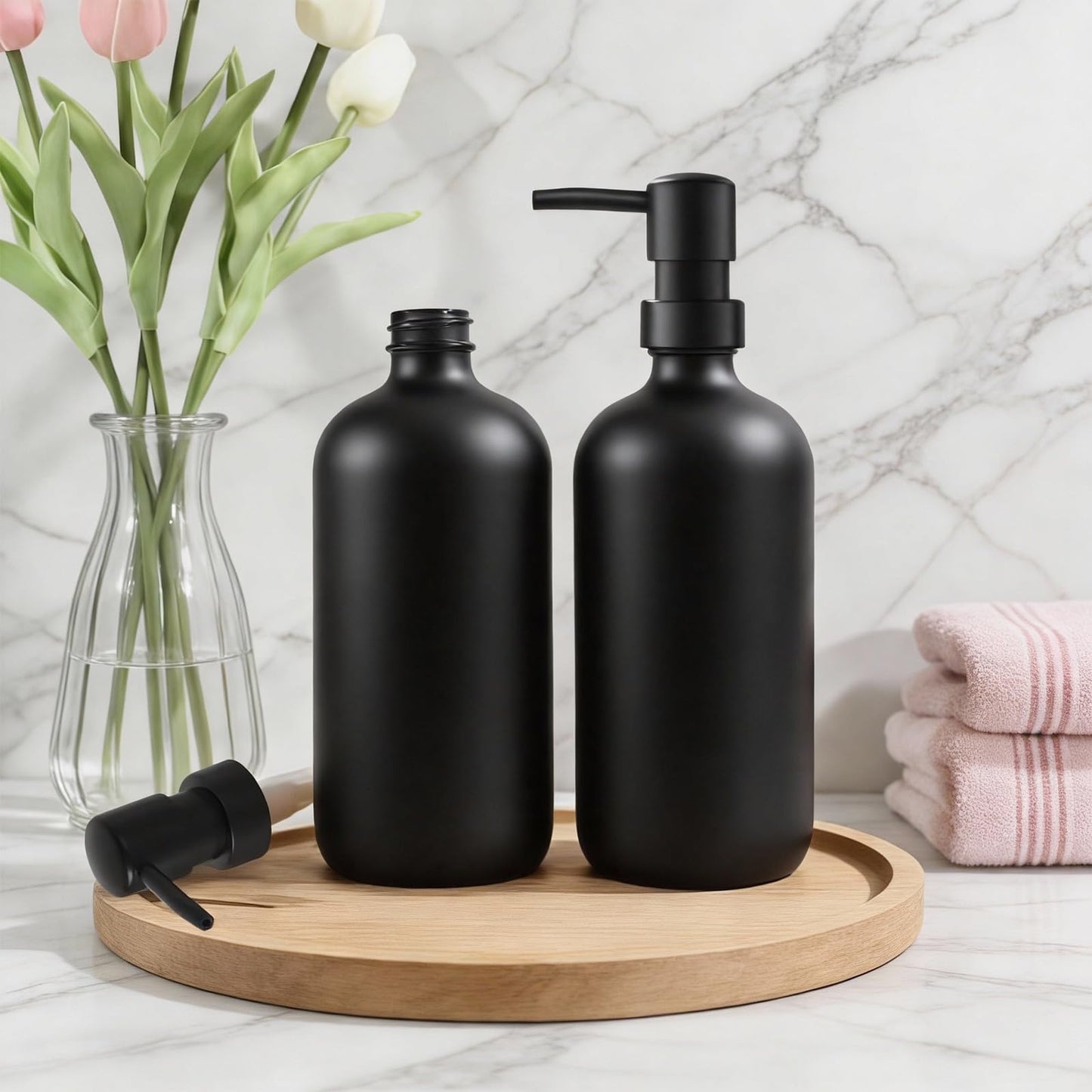 Washing Up Liquid Dispenser,17 fl oz Black Glass Soap Dispensers, Kitchen Soap Dispenser Set