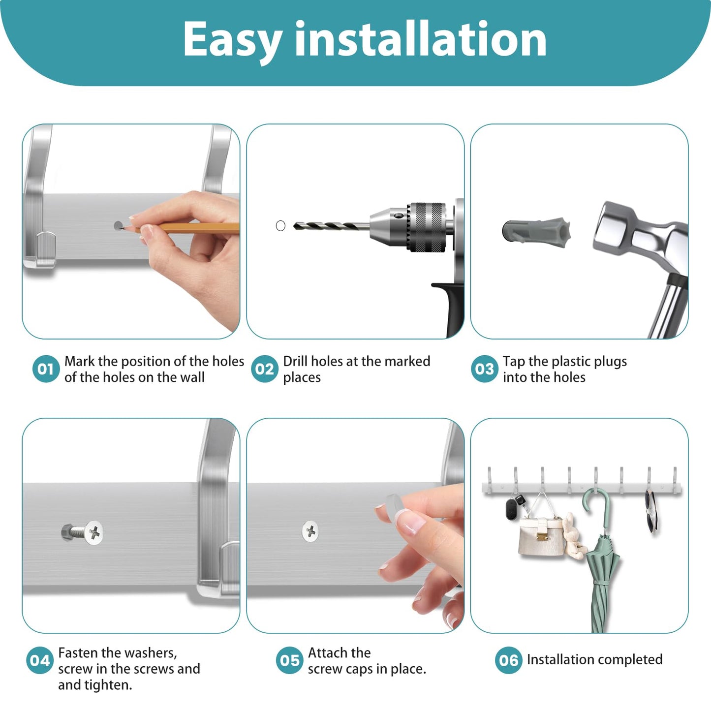 MEIJO Coat Hooks Wall Mounted Stainless Steel, Silver Coat Rack Wall Mounted with 8 Hooks Heavy Duty Coat Hooks for Door, Bathroom, Bedroom, Kitchen