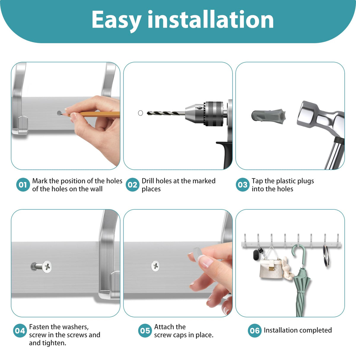 MEIJO Coat Hooks Wall Mounted Stainless Steel, Silver Coat Rack Wall Mounted with 8 Hooks Heavy Duty Coat Hooks for Door, Bathroom, Bedroom, Kitchen