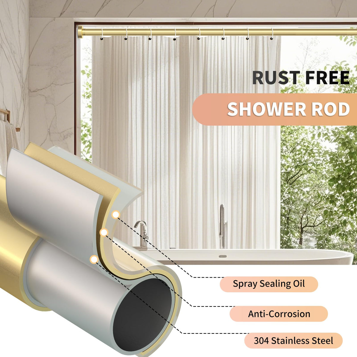 Emlaoe Gold Shower Curtain Rod 34-66 Inches2.8-5.5ft Never Rust Adjustable Shower Rod Spring Tension Non Slip No Drilling Shower Rods for Bathroom