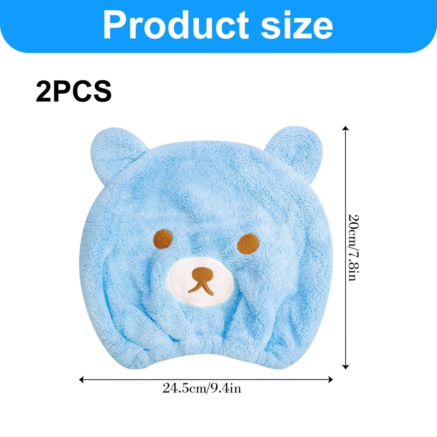 wellrun 2 Pcs Hair Drying Caps,Soft Coral Velvet Towel with Cute Bear Embroidery,Quick Dry Absorbent Hair Wrap for Wet Hairs,Bath Towel for Girls and